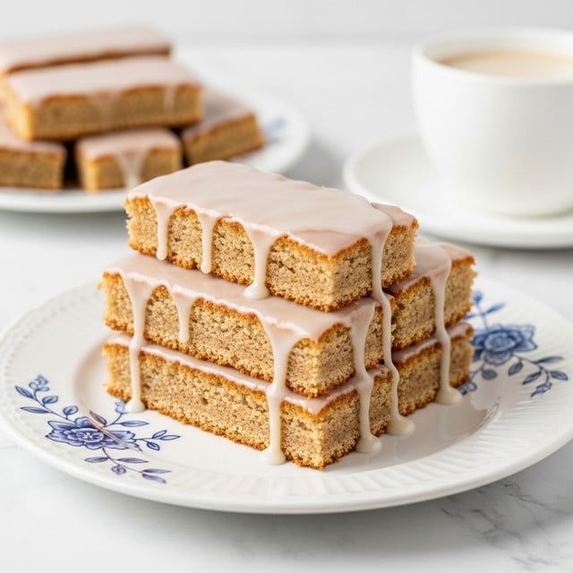 Four rectangular bars of light brown cake with a smooth, shiny white glaze dripping down the sides are stacked neatly on a white plate with blue floral patterns. The texture of the cake looks soft and moist, with a slight crumbly edge visible beneath the glaze. In the blurred background, more glazed bars rest on another white plate, along with a white cup filled with a creamy beverage. The whole scene sits on a white marbled surface, giving a clean and fresh look. photo taken with an iphone --ar 4:5 --v 7
