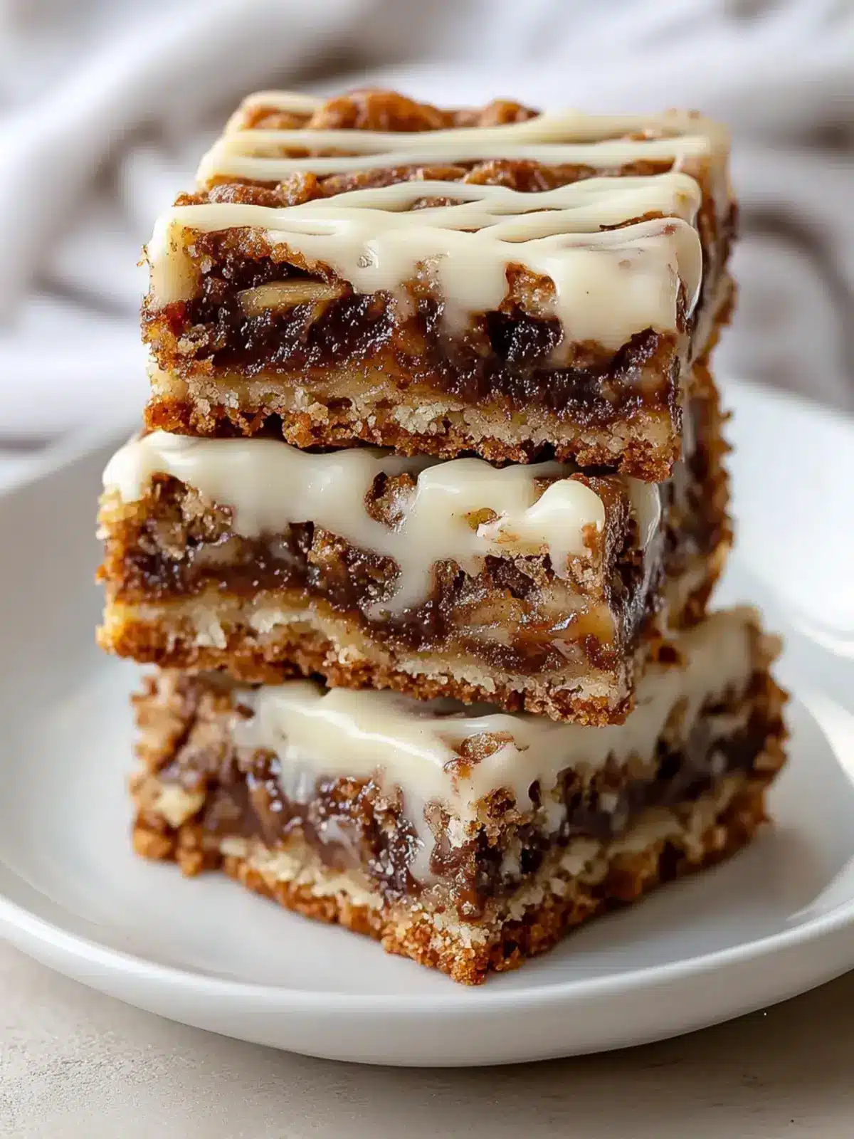 A stack of three square dessert bars is shown on a white plate with a white marbled background. Each bar has three main layers: the bottom crust layer is golden brown and crumbly, the middle filling layer is rich and dark brown with a sticky texture and visible small nut pieces, and the top layer is a smooth cream-colored icing, with the top bar featuring a drizzle of this icing in lines. The stack is close-up, showing the thick filling and texture details clearly. photo taken with an iphone --ar 4:5 --v 7