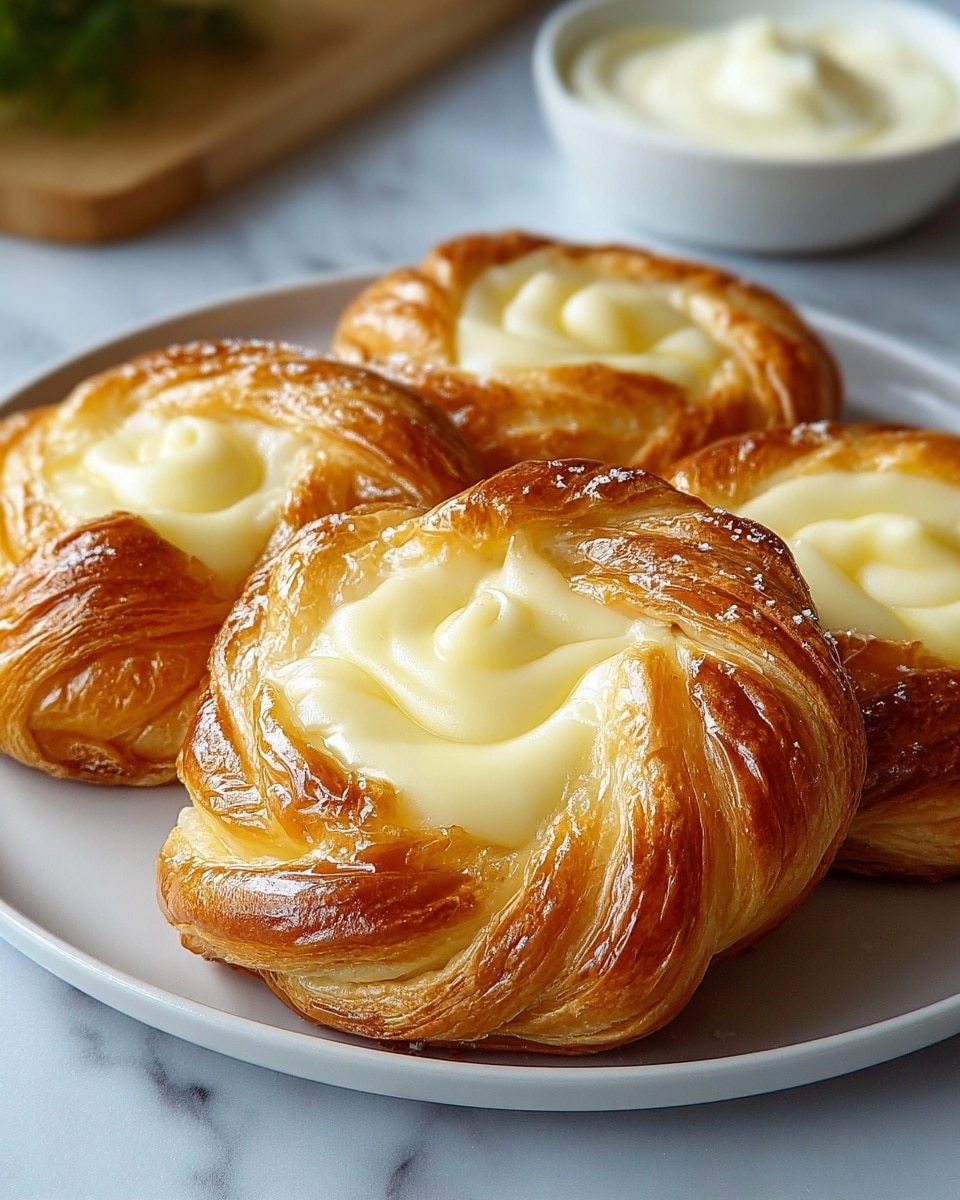 The image shows four round pastries with twisted edges on a white plate, each with a golden-brown, glossy, flaky crust made of many layers. Inside each pastry is a thick, creamy, pale yellow filling that looks smooth and slightly shiny, sitting in the center of the twisted dough. The plate rests on a white marbled surface, and in the background, there is a small white bowl with a white creamy substance, blurred out. photo taken with an iphone --ar 4:5 --v 7