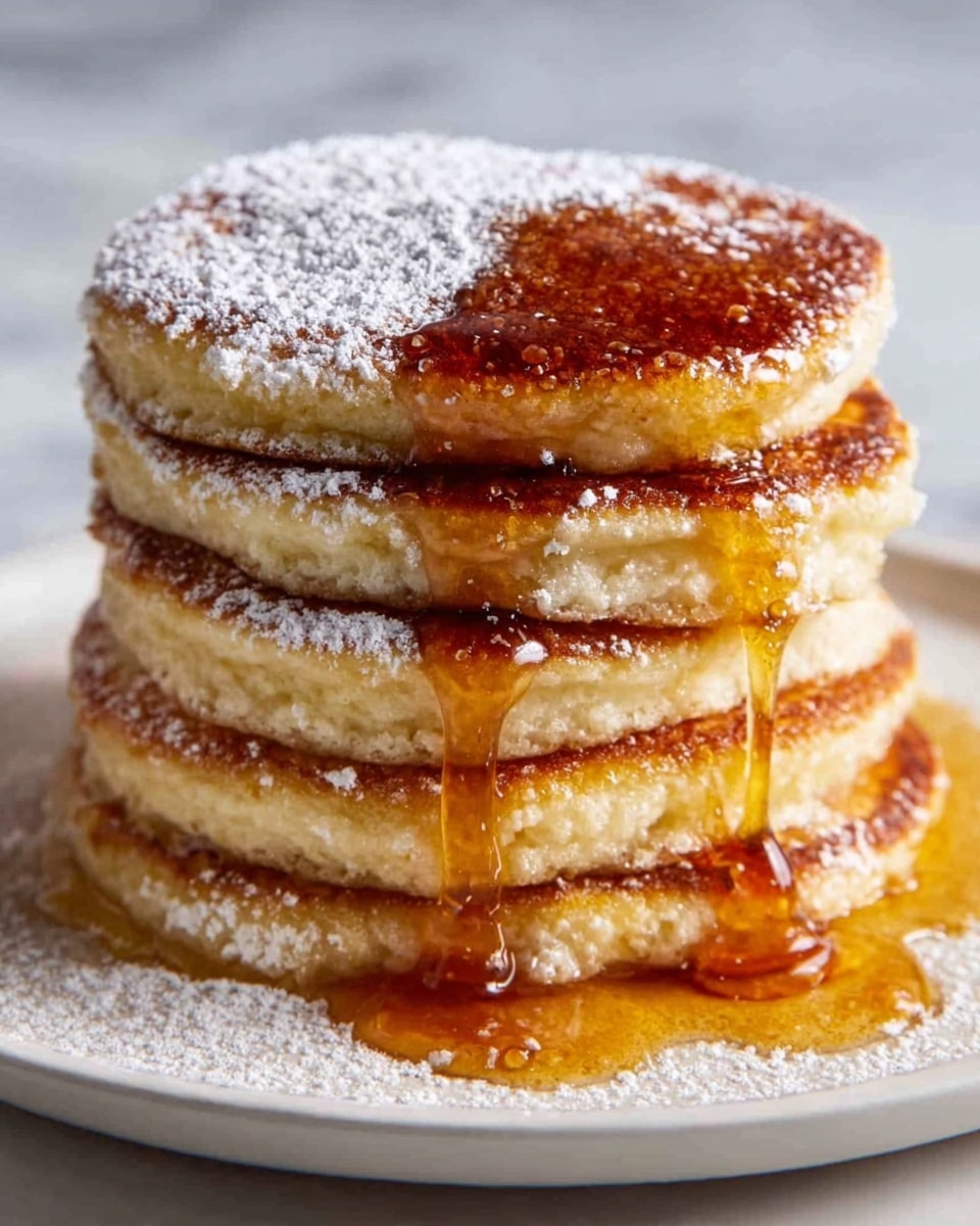 A stack of six golden brown pancakes sits on a white plate, each pancake fluffy with slightly crisp edges. The pancakes are dusted with powdered sugar, giving a soft white contrast to the warm tones. Thick, amber maple syrup flows from the top pancake down the sides, pooling on the plate below. The background is a white marbled texture, adding a clean and bright look to the image. Photo taken with an iphone --ar 4:5 --v 7