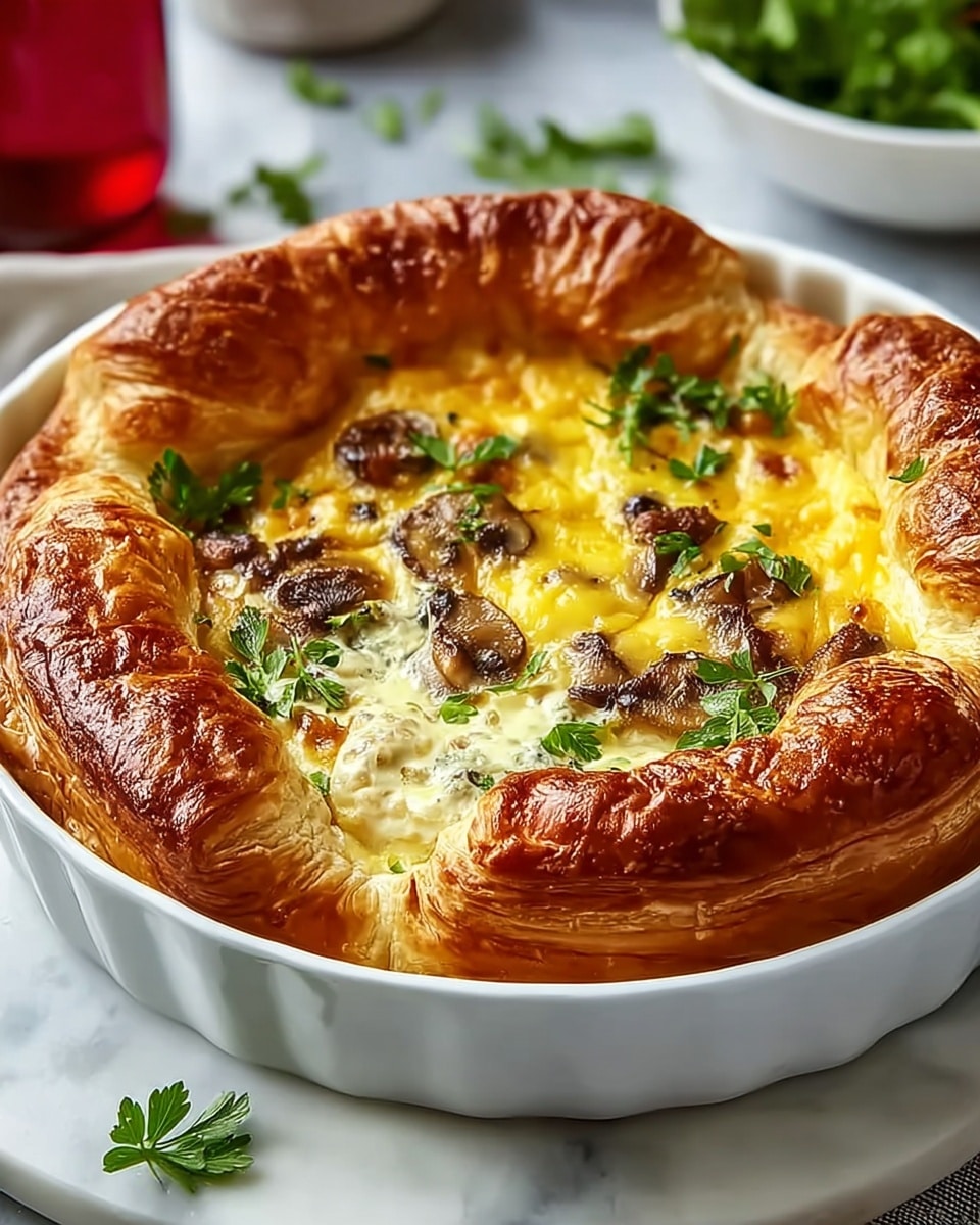 A round white baking dish shows a baked puff pastry pie with a thick, golden-brown crust that puffs up around the edges, creating a ring. Inside the ring, there are two visible layers: the top layer is a melted yellow cheese with browned spots, and the bottom layer has a creamy pale filling with visible chunks of mushrooms. Fresh parsley leaves are scattered on top, adding a touch of green. The dish is placed on a white marbled surface with a white bowl of green leaves and a red drink bottle in the blurred background. Photo taken with an iphone --ar 4:5 --v 7