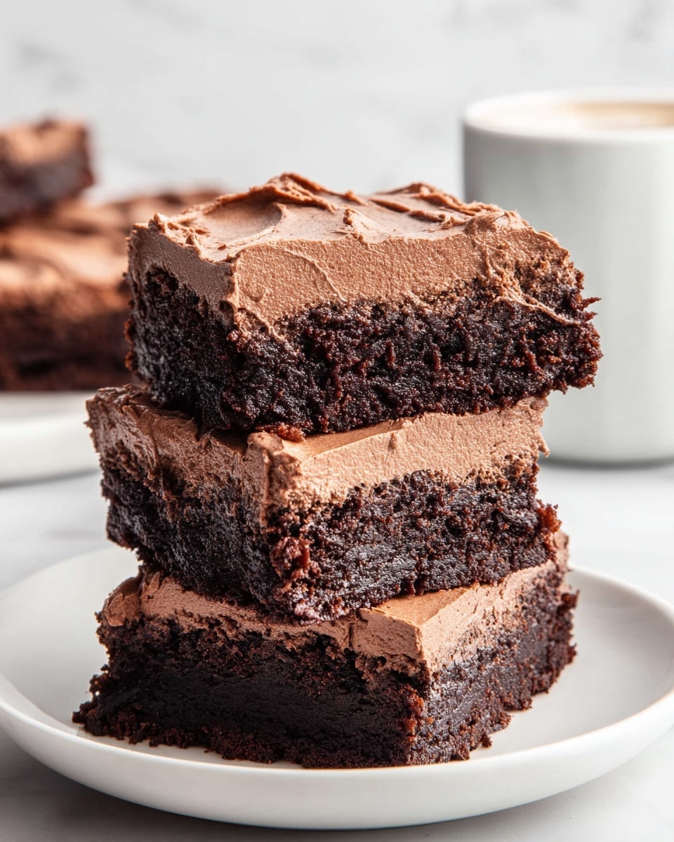 Three square pieces of chocolate brownies are stacked on a white plate, each with two distinct layers: a thick, dark, dense brownie base with a moist and slightly crumbly texture, topped with a lighter, fluffy layer of chocolate frosting that has a smooth, creamy surface with soft swirls. The background shows a soft white marbled texture and a blurred white ceramic cup, adding a clean and bright feel to the image. Photo taken with an iphone --ar 4:5 --v 7