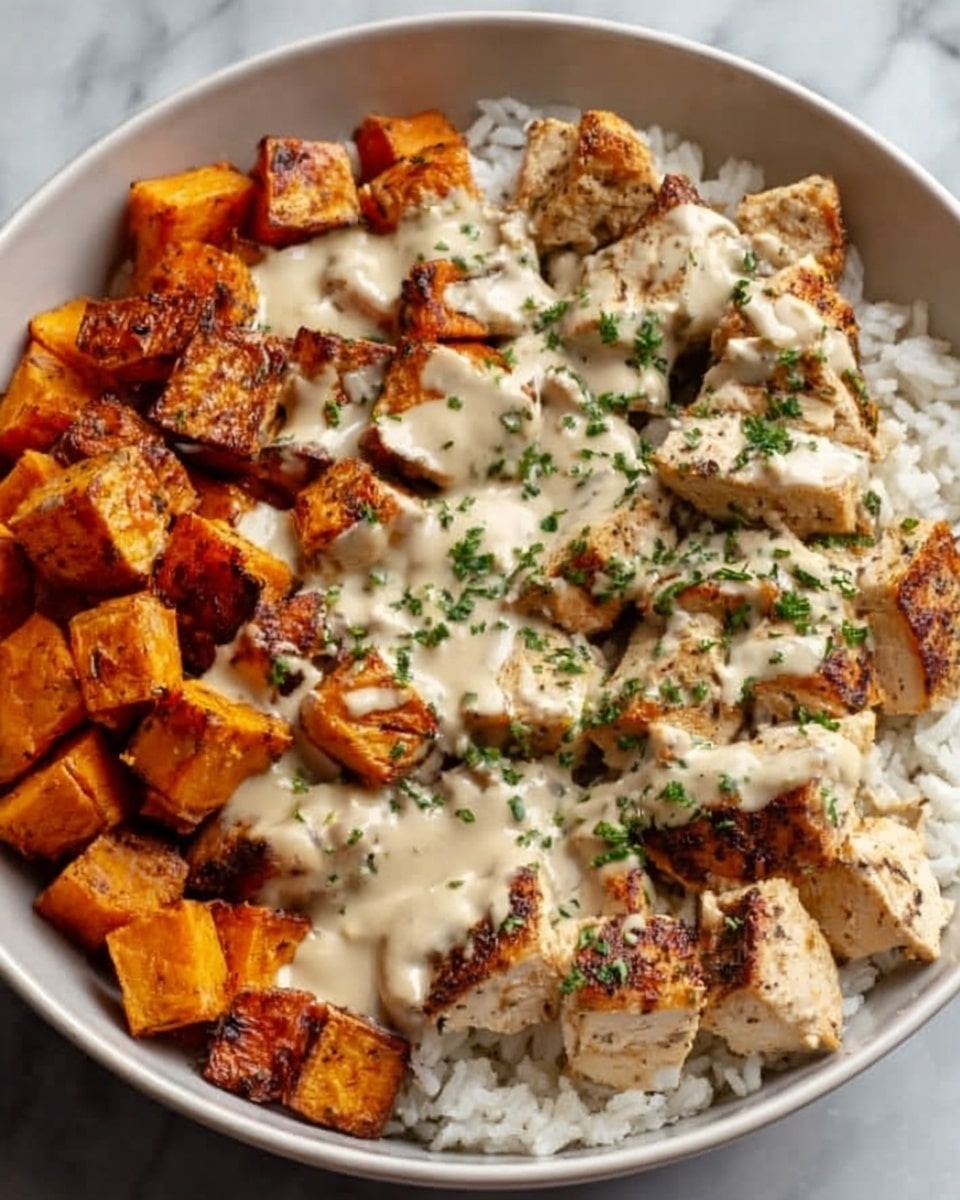 A white bowl filled with a layered dish starting at the bottom with a bed of white rice. On the left side, there are small cubes of roasted sweet potatoes with a golden-brown crispy texture. On the right side, chunks of grilled chicken with a slightly browned, textured surface sit on the rice. Over the chicken and sweet potatoes, there is a creamy light beige sauce drizzled unevenly, sprinkled with finely chopped green herbs. The bowl rests on a white marbled surface. Photo taken with an iphone --ar 4:5 --v 7