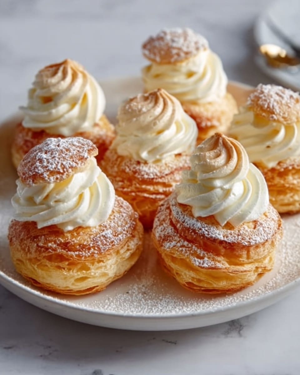 The image shows a white plate filled with seven small round pastries, each topped with a swirl of light cream. The pastries have a golden-brown layered base that looks slightly crispy, with the cream on top having a smooth, slightly toasted texture and a light dusting of powdered sugar. The plate sits on a white marbled surface, giving the scene a clean and bright look. photo taken with an iphone --ar 4:5 --v 7