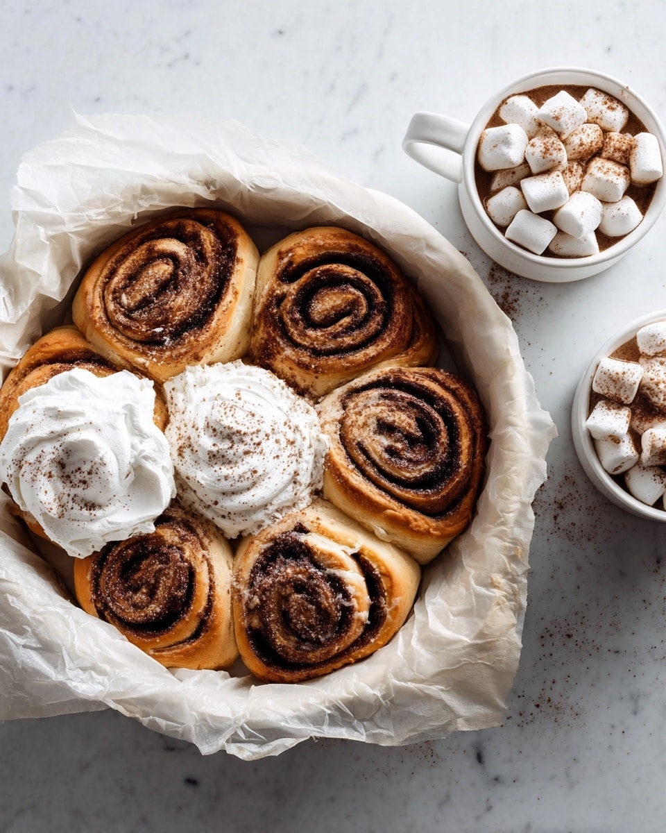 A white round baking dish lined with crumpled parchment paper holds seven cinnamon rolls arranged tightly in a circle; each roll shows a golden-brown crust with dark cinnamon swirls creating a spiral pattern from the outside to the center. Four of the rolls on one side have a thick layer of white whipped frosting, two of which are smooth and glossy while the other two have a slightly textured surface and are dusted with cocoa powder. The dish sits on a white marbled surface, and to the right of it, two white mugs hold hot cocoa topped with large white marshmallows. Photo taken with an iphone --ar 4:5 --v 7