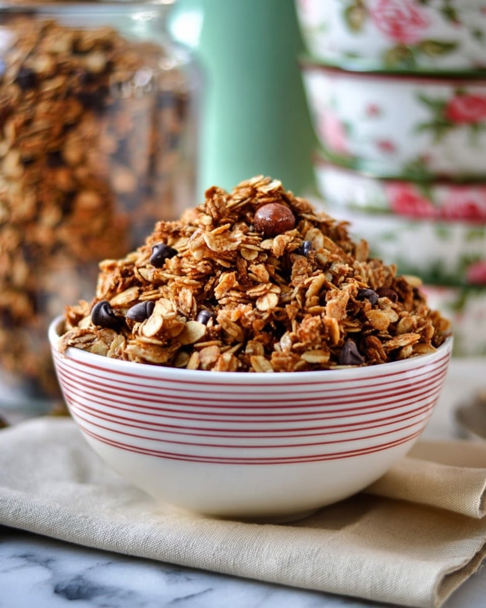 A white bowl with thin red vertical stripes filled with a large heap of granola that has golden oats, dark chocolate chips, and bits of nuts showing a rough and crunchy texture. Behind it, a clear glass jar and a stack of white bowls with red and green floral patterns are visible. The bowl sits on a beige cloth on top of a white marbled surface. Photo taken with an iphone --ar 4:5 --v 7