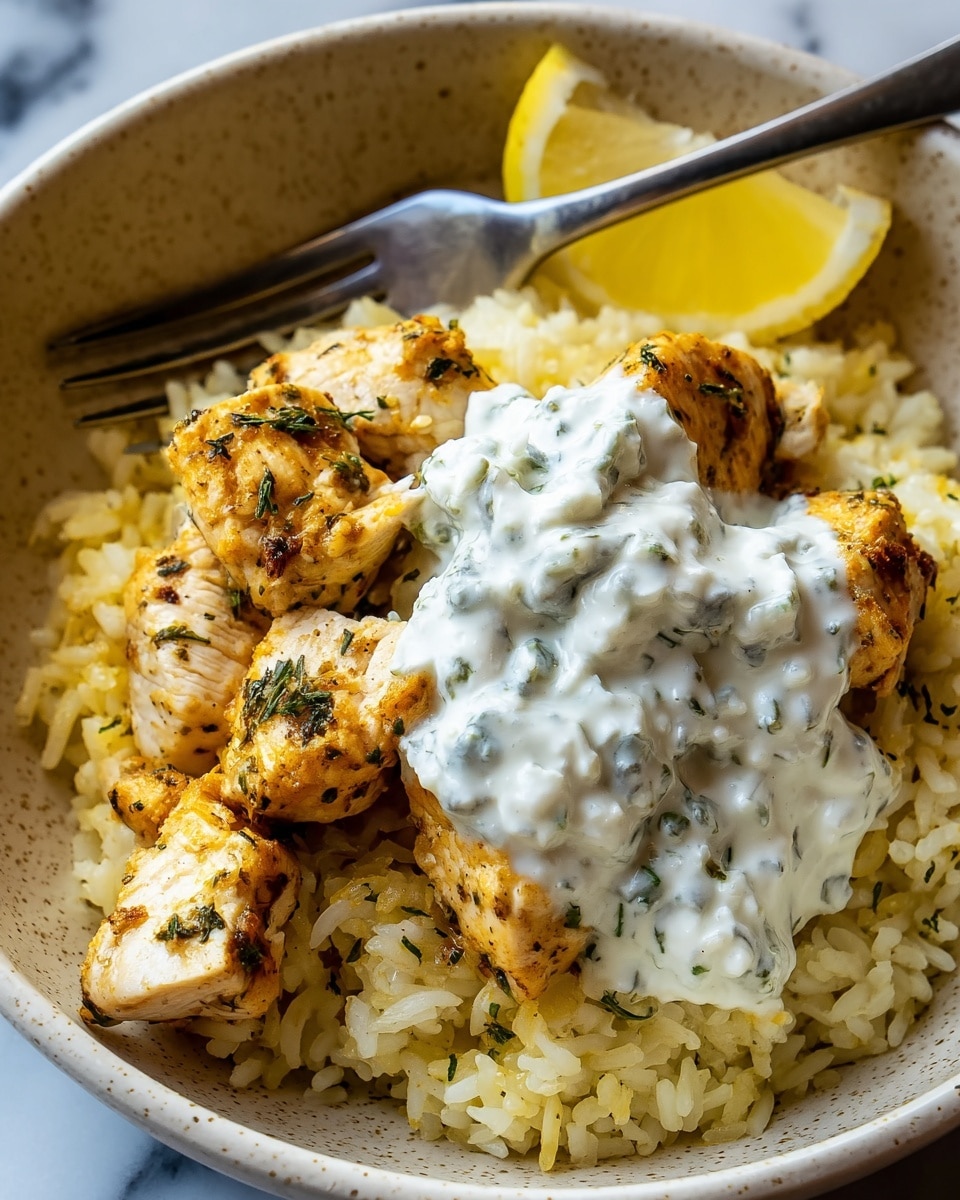 A close-up of a beige speckled bowl filled with three layers of food arranged closely together; the bottom layer is yellowish cooked rice with a soft texture, topped by several pieces of light brown grilled chicken chunks that have a slightly crispy surface with herbs, and on top of some rice pieces is a thick dollop of white creamy sauce with green herb bits mixed in. To the side of the bowl sits a bright yellow lemon wedge, and a metal fork is tucked into the rice on the left edge. The bowl rests on a white marbled surface. photo taken with an iphone --ar 4:5 --v 7