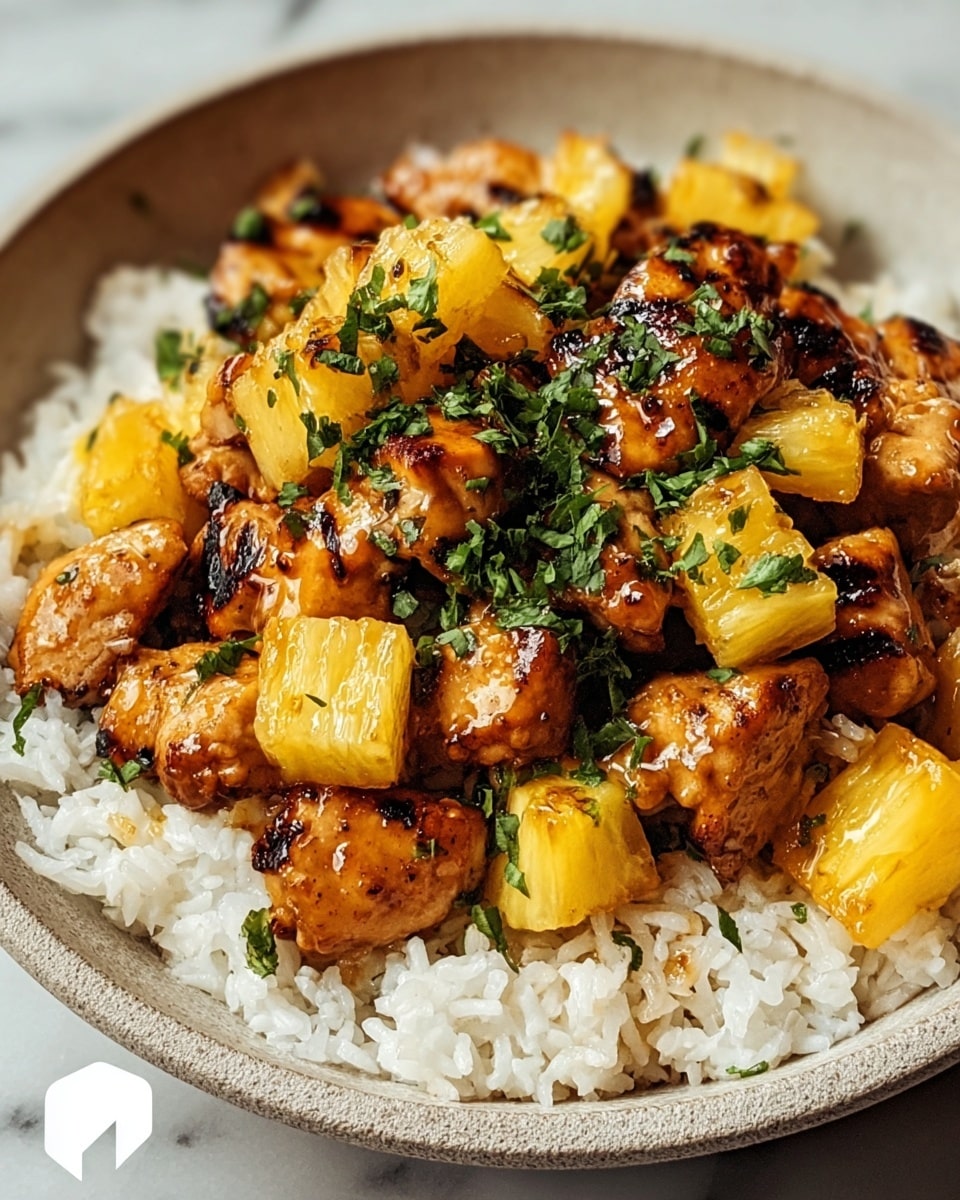 The dish is served in a white bowl with a rough texture, placed on a white marbled surface. The bottom layer consists of fluffy white rice, evenly spread across the bowl. On top of the rice, there is a generous layer of golden-brown grilled chicken pieces coated with a glossy sauce, some showing slight char marks. Scattered among the chicken are bright yellow, juicy pineapple chunks that add a fresh contrast. The dish is finished with a light sprinkle of finely chopped fresh green herbs, providing a vibrant touch. photo taken with an iphone --ar 4:5 --v 7