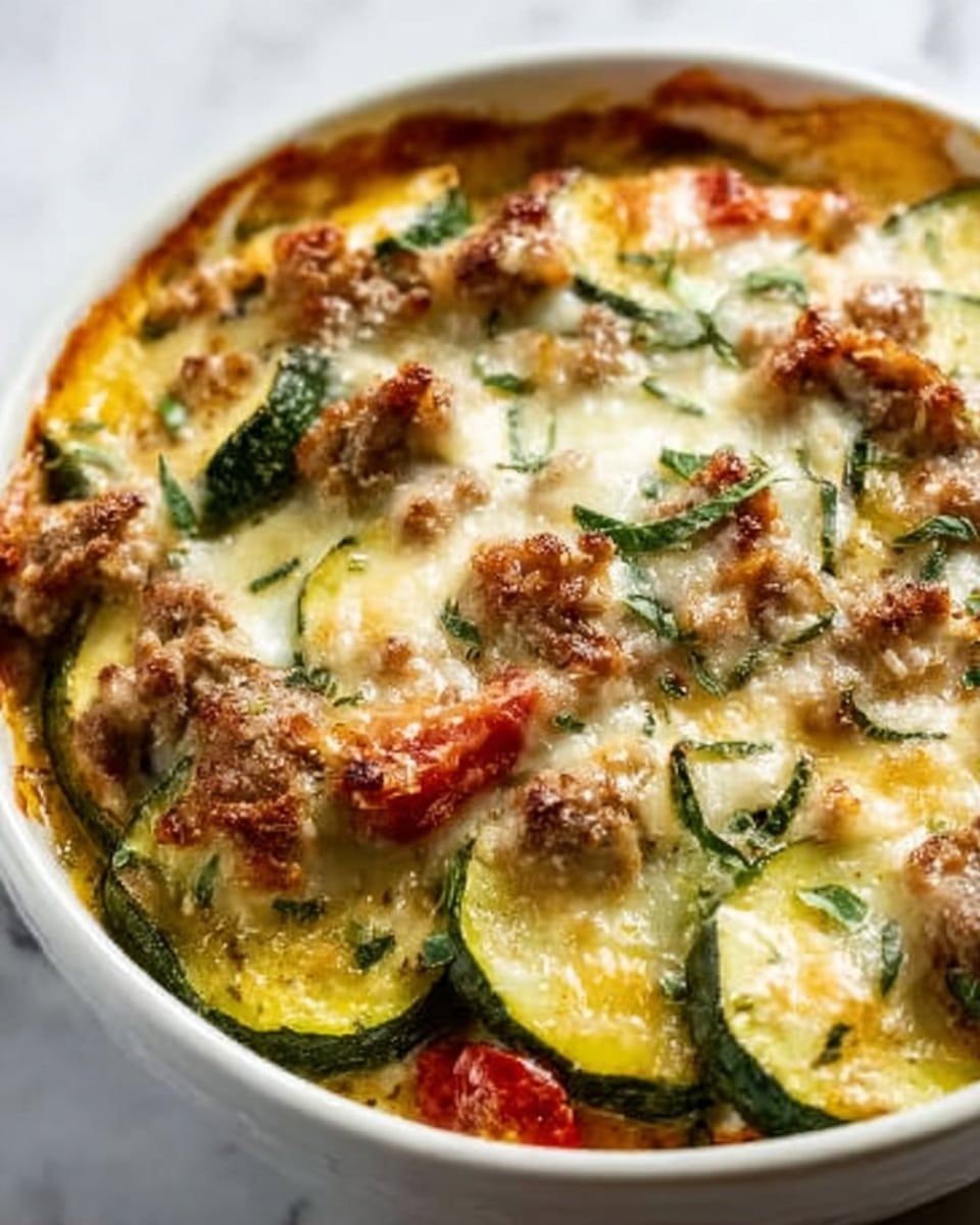 A close-up top view of a round white bowl filled with a baked dish made of many layers: golden brown melted cheese on top with some green herbs sprinkled, underneath there are thick slices of zucchini with a soft texture, chunks of cooked ground meat showing a reddish-brown color, and small red pieces of tomato scattered throughout. The dish appears creamy and slightly browned on the edges with a mix of smooth, juicy, and crumbly textures. The bowl sits on a white marbled surface. photo taken with an iphone --ar 4:5 --v 7