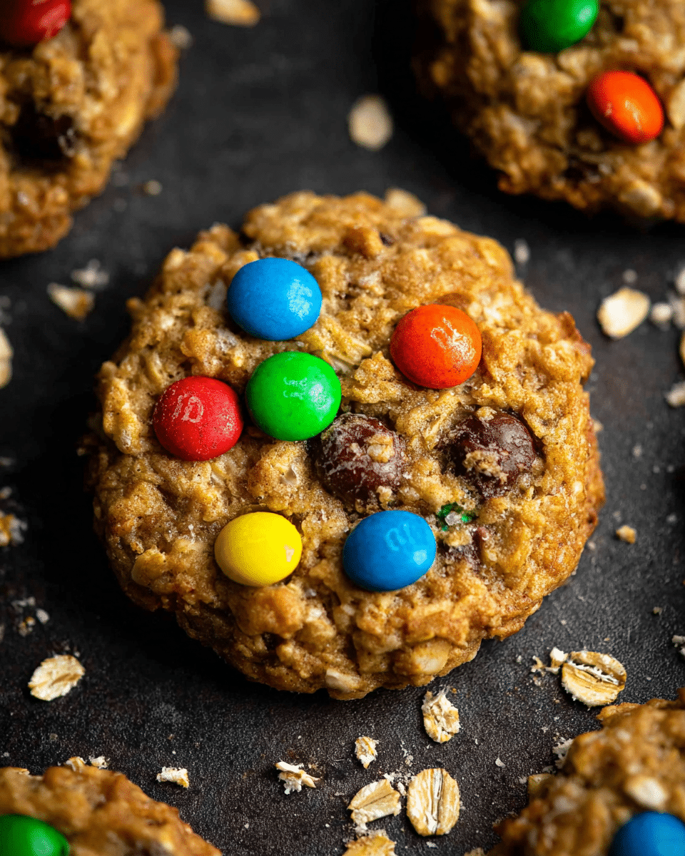 The image shows a close-up view of a round oatmeal cookie with a rough texture made from oats and brown dough. The cookie has colorful candy-coated chocolate pieces on top in blue, green, red, yellow, and orange colors, spread unevenly on the surface. The cookie sits on a dark surface scattered with small oat flakes. Around the main cookie, there are parts of other similar cookies visible with the same oat texture and candy pieces. The lighting highlights the cookie's grainy and soft texture. photo taken with an iphone --ar 4:5 --v 7
