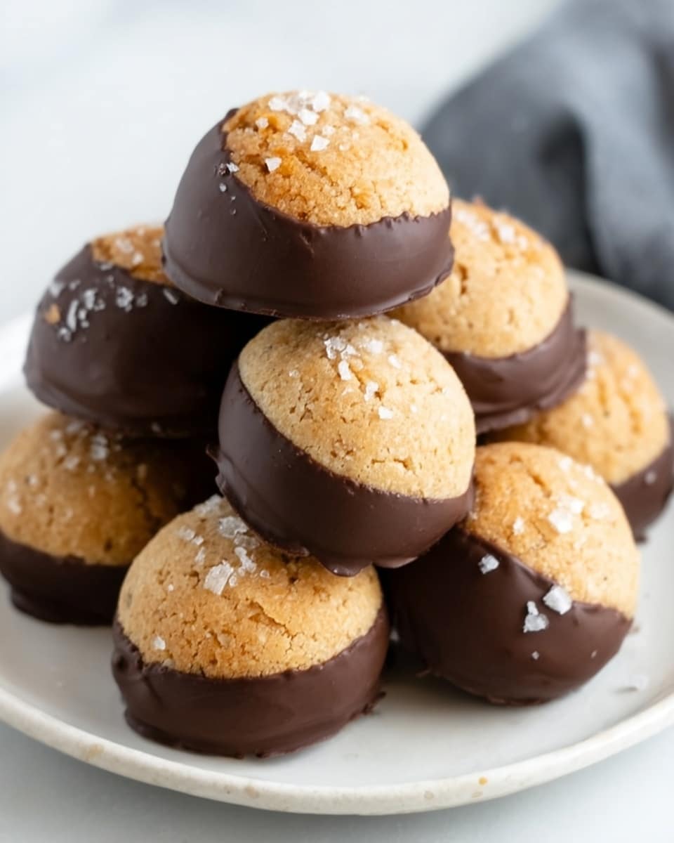 A stack of round cookies is shown on a white plate, each cookie dipped halfway in smooth, dark chocolate covering the bottom part, while the top part is a light golden brown with a slightly crumbly texture. A few tiny salt grains are sprinkled on the chocolate part, adding a bit of sparkle. The cookies are piled in a small mound, with some leaning gently against each other. The background is a clean white marbled surface. photo taken with an iphone --ar 4:5 --v 7
