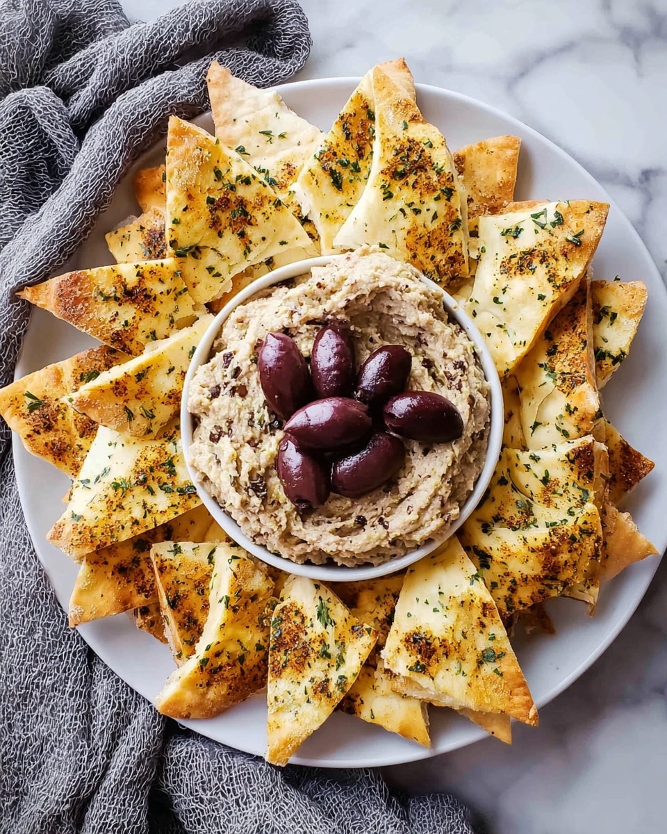 A white plate filled with two main layers: the outer layer consists of light golden-brown pita chips seasoned with green herbs and spices, cut into triangular pieces arranged in a circular pattern. The inner layer is a small bowl placed in the center of the plate, filled generously with a creamy, light brown olive tapenade dip that has a slightly rough texture. On top of the dip are several halved dark purple olives arranged randomly. The plate is set on a white marbled surface with a textured gray cloth draped around the edges. photo taken with an iphone --ar 4:5 --v 7