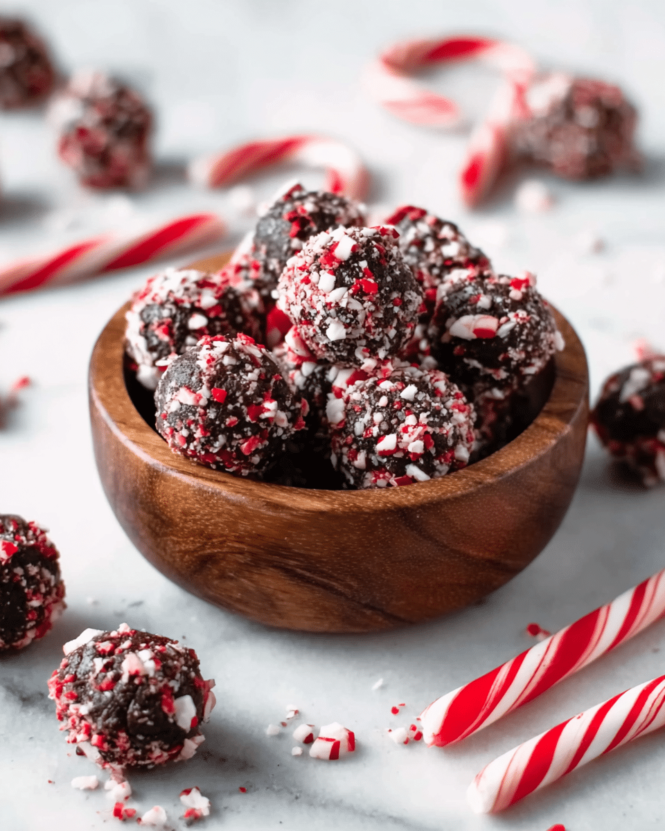 A small wooden bowl sits on a white marbled surface, filled with dark chocolate balls covered in crushed red and white peppermint candy pieces, giving a textured look of dark brown and bright red and white. Around the bowl, more chocolate peppermint balls are scattered alongside a couple of whole red and white striped candy canes, creating a festive, holiday feel. The background is softly blurred, keeping attention on the bowl and candies. photo taken with an iphone --ar 4:5 --v 7