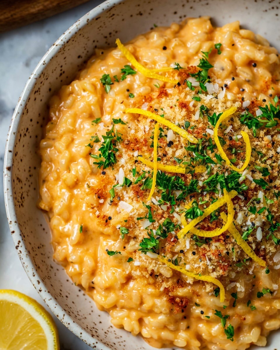 A close-up of creamy orange risotto filling most of a white speckled bowl, topped with a layer of golden toasted breadcrumbs mixed with some grated white cheese, bright green chopped parsley, and thin yellow lemon zest strips scattered across the top. The risotto has a soft, thick texture with visible grains, speckled lightly with black pepper. The bowl is set on a white marbled surface with part of a halved lemon visible in the bottom left corner. photo taken with an iphone --ar 4:5 --v 7