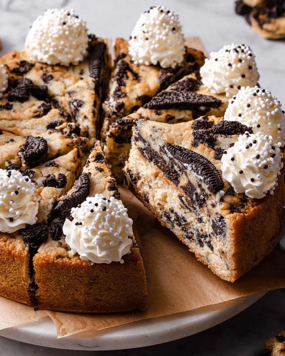A round cake sliced into seven pieces with one slice pulled out slightly, showing a thick, moist cookie dough base richly mixed with large black and white cookie chunks throughout. The cake's surface is golden brown with scattered darker cookie pieces embedded on top. Along the round edge of the cake, there are five white swirls of whipped cream, each topped with tiny white spherical sprinkles. The cake sits on a round white plate lined with brown parchment paper, all placed on a white marbled surface. Photo taken with an iphone --ar 4:5 --v 7