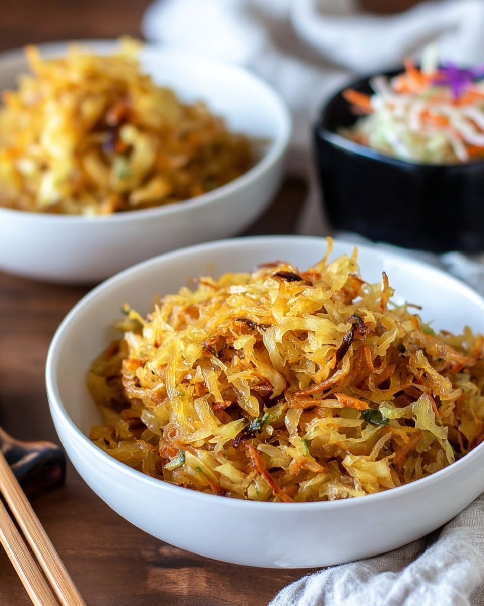 The image shows two white bowls filled with a golden-brown mixture of fried shredded vegetables, mainly light yellow and orange strands, with some small bits of green and darker colors mixed in. The front bowl is in focus and full, showing the texture of the cooked vegetables, with the second bowl slightly out of focus in the back. The bowls sit on a wooden surface, and there are chopsticks and a white cloth napkin near the front bowl. In the background, there is a blurred small black container with white and colorful shredded vegetable pieces inside. photo taken with an iphone --ar 4:5 --v 7