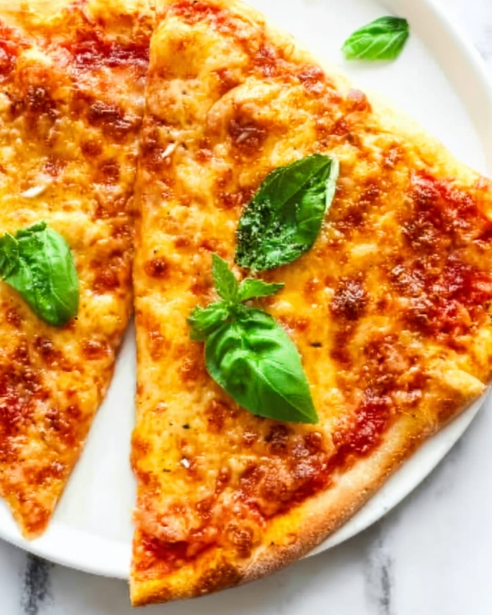 The image shows a close-up of two slices of thin-crust pizza on a white plate. The pizza crust is golden brown and slightly crispy. The base layer is a rich red tomato sauce spread evenly over the crust. On top of the sauce, there is a thick layer of melted yellow-orange cheese, with some browned spots showing slight bubbling. Each slice is garnished with a single fresh green basil leaf placed near the center, shining slightly as if fresh and moist. The background surface is a white marbled texture. photo taken with an iphone --ar 4:5 --v 7