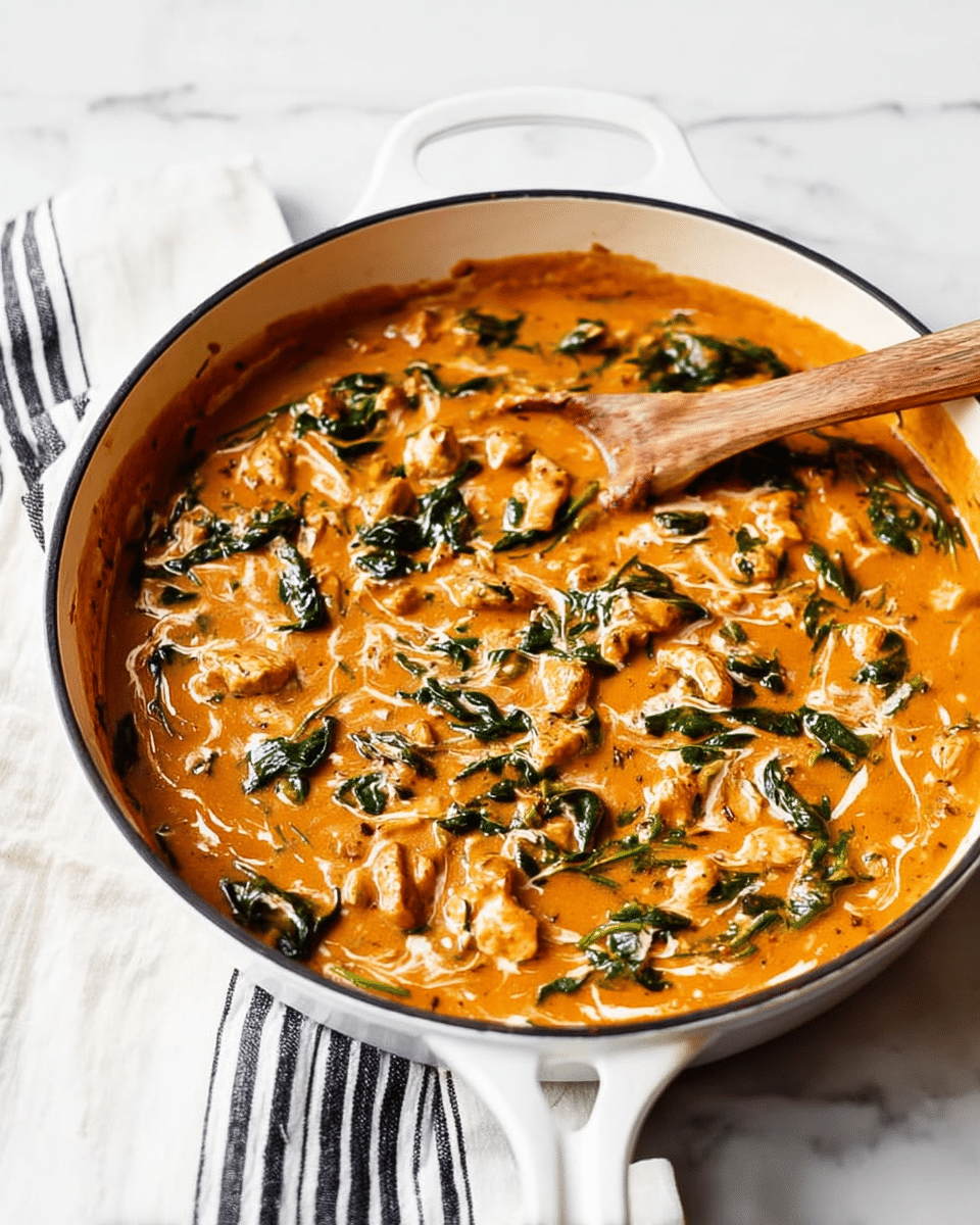 A white pan filled with a thick, orange creamy sauce mixed with cooked spinach leaves and small pieces of tender, light brown chicken. The dish shows some swirls of cream on the surface, adding a smooth texture to the rich sauce. A wooden spoon rests inside the pan, partially submerged in the sauce, with the pan placed on a white marbled surface and next to a white cloth with black stripes. photo taken with an iphone --ar 4:5 --v 7