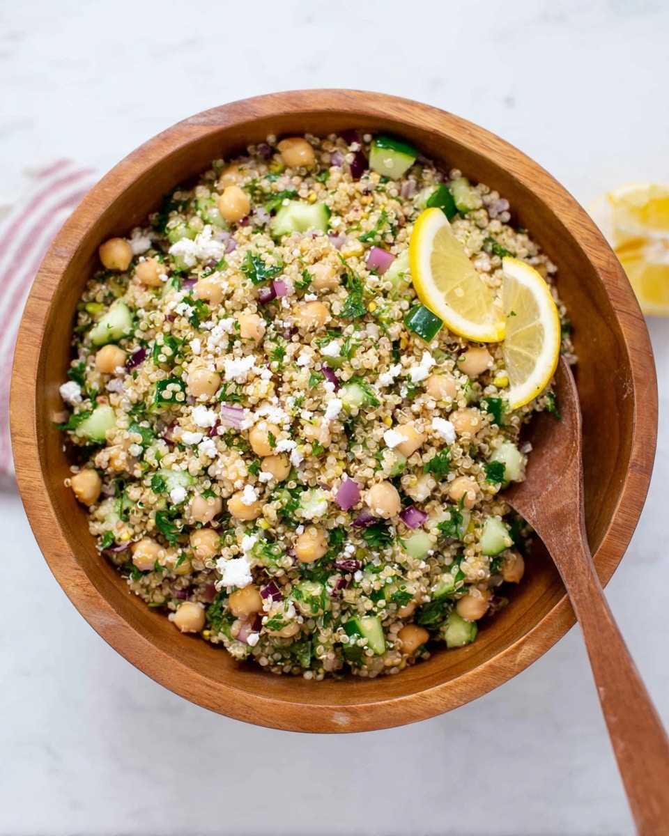 A wooden bowl filled with a colorful quinoa salad. The base layer is light beige quinoa mixed with small diced green cucumbers. Scattered throughout are light brown chickpeas, small pieces of purple onion, and bits of green herbs, likely parsley or cilantro. There are small white crumbles of cheese on top and two thin lemon slices placed near the center. A wooden spoon rests inside the bowl on the right side. The bowl is placed on a white marbled surface. photo taken with an iphone --ar 4:5 --v 7