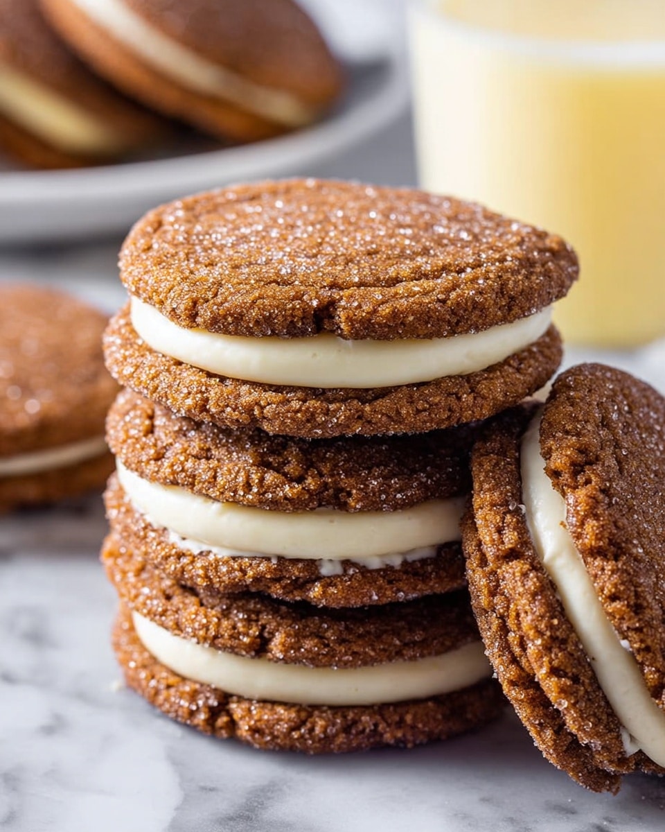 A close-up of four layered cookies stacked on a white marbled surface, each cookie sandwich consisting of two brown, textured, sugar-coated cookie layers with a smooth, creamy white filling in between. The cookies have a slightly cracked surface with glistening sugar crystals, and the layers are thick and consistent. In the blurry background, there is a white plate with more cookies and a light yellow drink in a clear glass. photo taken with an iphone --ar 4:5 --v 7