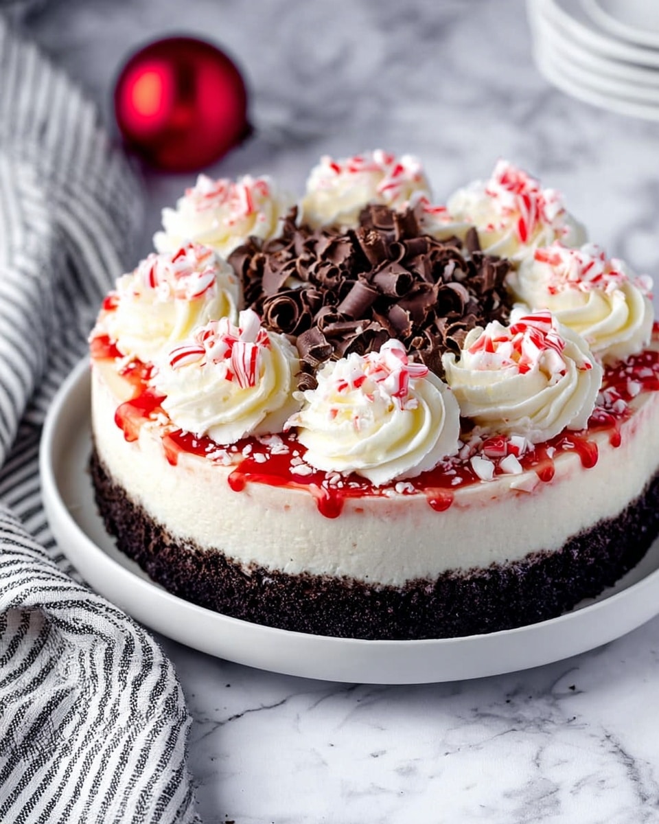 The image shows a round cake with three main layers, placed on a white plate on a white marbled surface. The bottom layer is dark and crumbly, likely made of crushed chocolate cookies or crust. The middle layer is thick and creamy white. The top layer is decorated with white whipped cream swirls around the edge, each topped with a small red and white peppermint candy and drizzled with red syrup. The center of the cake has a ring of white chocolate curls surrounding a pile of dark chocolate shavings. The background includes a gray and white striped cloth and a red Christmas ornament, adding a festive touch. Photo taken with an iphone --ar 4:5 --v 7