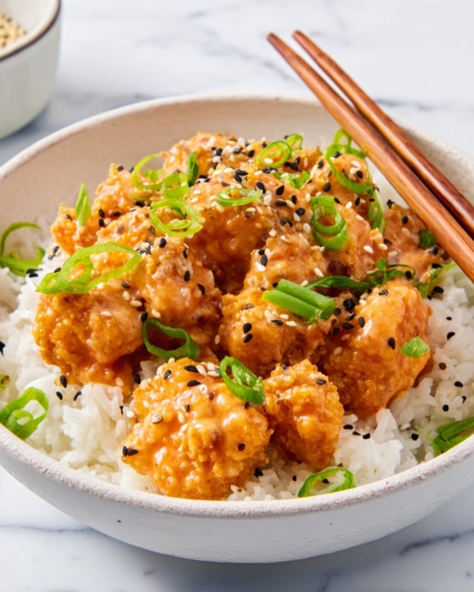A white bowl filled with white rice forms the bottom layer, topped with small pieces of crispy fried chicken covered in an orange, creamy sauce. The chicken pieces look crunchy and are garnished with finely sliced green onions and scattered black and white sesame seeds. Two wooden chopsticks rest on the edge of the bowl. The background is a white marbled surface. Photo taken with an iphone --ar 4:5 --v 7