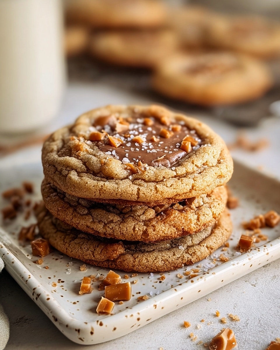 A stack of three soft, golden-brown cookies sits on a white rectangular plate with a speckled edge, placed on a white marbled textured surface. The top cookie has a slightly cracked surface with a melted chocolate center sprinkled with small caramel bits and coarse salt flakes. More caramel bits are scattered around the plate, adding texture and color contrast. In the background, slightly out of focus, are more cookies and a glass of milk, adding depth to the image. Photo taken with an iphone --ar 4:5 --v 7