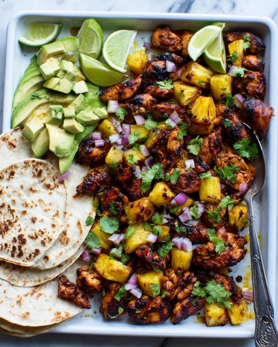 A white tray filled with grilled pieces of dark brown chicken mixed with chunks of yellow pineapple, topped with bright green cilantro leaves and small pieces of red onion, creating a colorful, fresh look. On the left side of the tray, there is a small pile of white tortillas with some lime wedges placed on top, and diced avocado with a light green color next to the chicken. The tray sits on a white marbled surface. A silver spoon is partially visible inside the tray. photo taken with an iphone --ar 4:5 --v 7