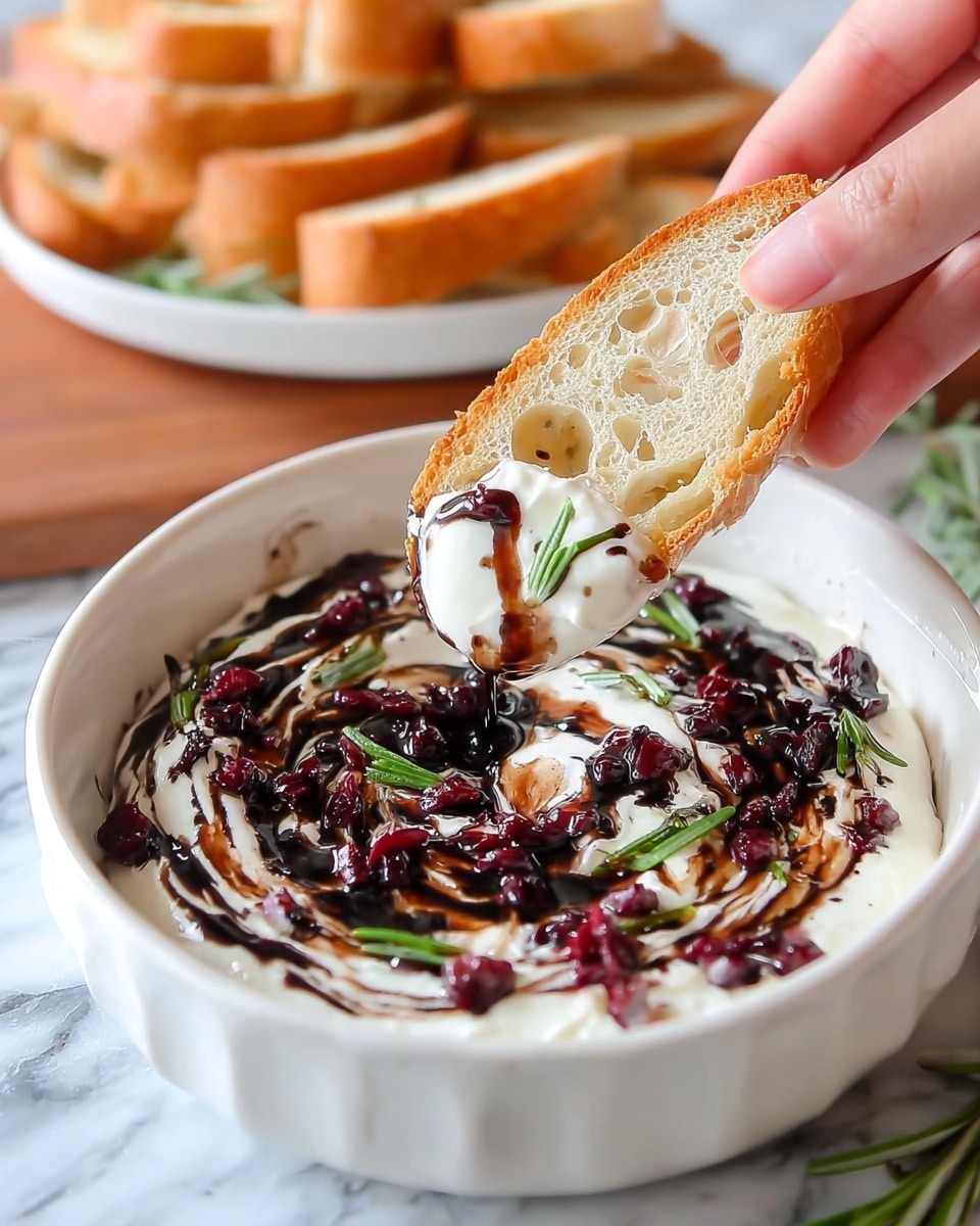 A white bowl filled with creamy white yogurt forms the base layer, topped with a dark brown balsamic glaze swirled in gentle patterns. Over the glaze are scattered small bits of deep red dried fruit and bright green fresh rosemary sprigs, adding texture and color contrast. A woman's hand holds a slice of light golden crusty bread with visible holes, dipped into the mixture with a dollop of the yogurt and glaze, creating a visually rich combination of creamy white, deep brown, and vibrant reds and greens. In the background, a white bowl filled with more slices of similar bread sits on a white marbled surface. photo taken with an iphone --ar 4:5 --v 7