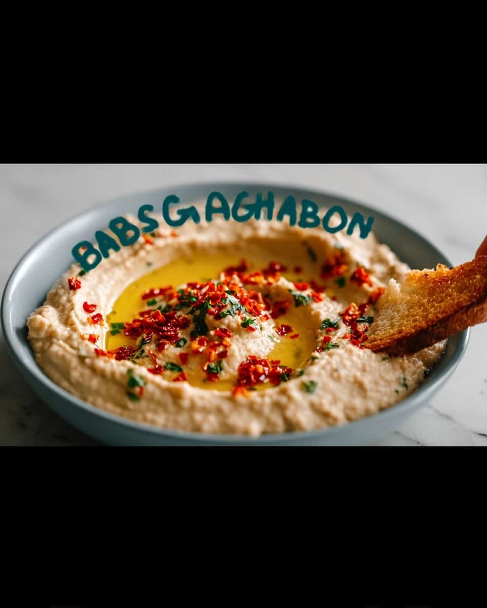 The image shows a bowl of creamy babaganosh placed on a white plate. The bowl has a smooth, pale beige layer of roasted eggplant dip with small chunks and a slightly grainy texture. On top, there is a swirl of olive oil giving it a shiny, golden layer. Scattered across are small red chili flakes and bits of green parsley adding color contrast. The bowl sits on a white marbled surface, and a woman's hand is holding a piece of toasted bread about to scoop from the bowl. photo taken with an iphone --ar 4:5 --v 7