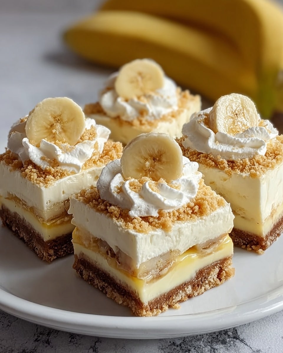 Four square pieces of a layered dessert are arranged on a white plate on a white marbled surface. Each piece has three main layers: at the bottom is a crumbly brown crust, in the middle a creamy light yellow banana layer with visible banana slices, and on top a thick white creamy layer. The top surface is sprinkled with golden brown crumbs and finished with a swirl of white whipped cream. Each piece is topped with a round banana slice, adding a fresh yellow accent. A whole banana is blurred in the background. Photo taken with an iphone --ar 4:5 --v 7