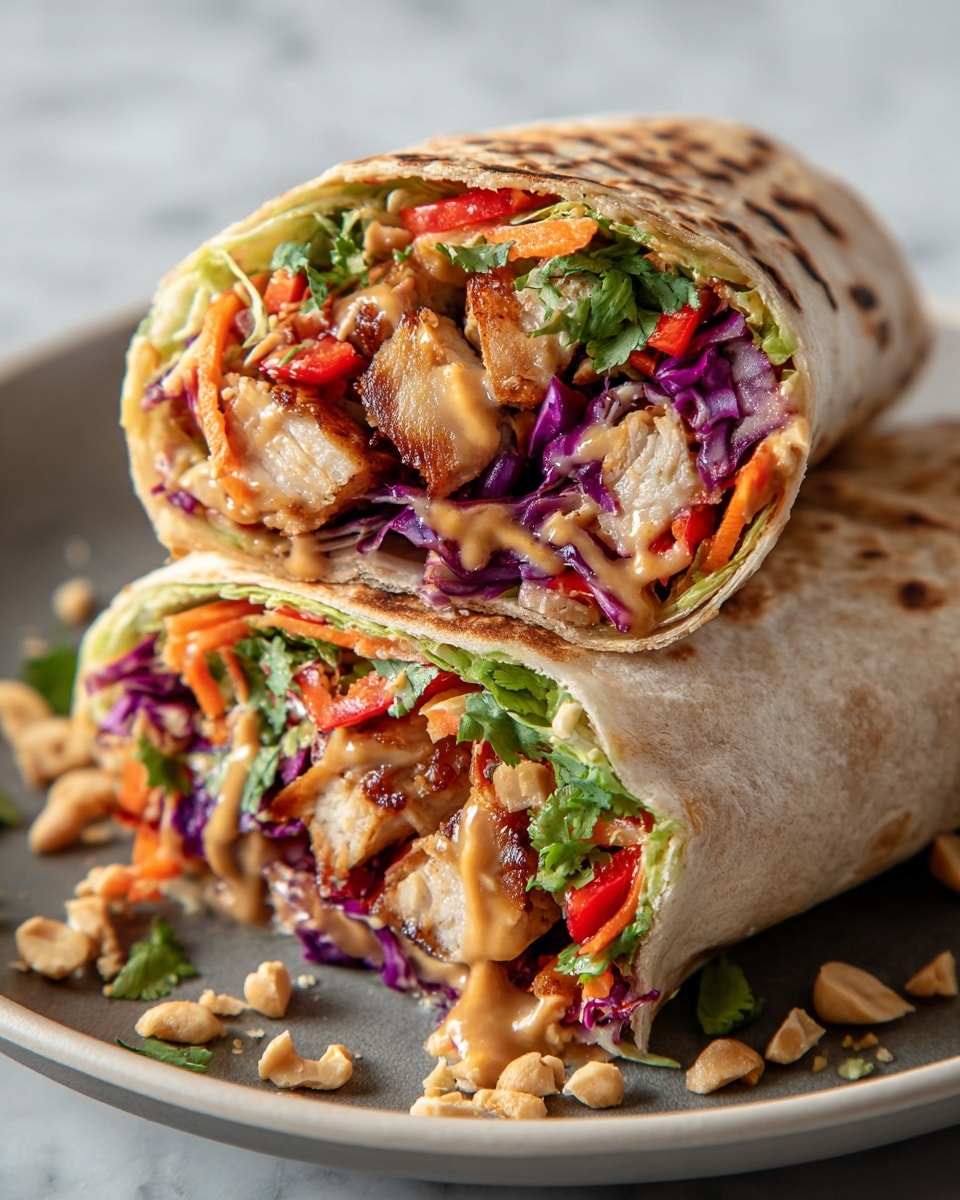 A close-up view of a grilled chicken wrap cut in half and stacked on a white plate, placed on a white marbled surface. The wrap has three main layers: a soft, lightly toasted tortilla on the outside, inside it has bright green lettuce, thin orange carrot strips, and vivid purple cabbage mixed with red bell pepper slices, topped with fresh green cilantro leaves. In the center, grilled chicken pieces have a golden-brown sear and are coated with a creamy, light brown peanut sauce that slightly drips out. Scattered around the wrap are crushed peanuts and cilantro leaves adding texture and color contrast. Photo taken with an iphone --ar 4:5 --v 7