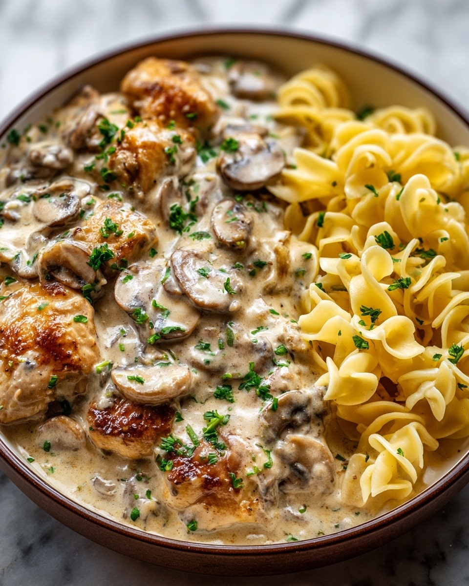 A close-up view of a dish with two main layers: on the left, golden-brown seared chicken pieces covered in a creamy white mushroom sauce with small sliced mushrooms and green chopped herbs sprinkled on top; on the right, light yellow cooked curly egg noodles with a smooth texture, all placed in a round white bowl sitting on a white marbled surface. photo taken with an iphone --ar 4:5 --v 7