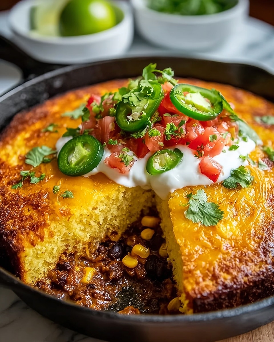 A close-up view of a cast iron pan holding a three-layer dish with a piece cut out, showing the inside. The top layer is golden-yellow, crispy cornbread with melted cheese spots on the surface. The middle layer is bright white sour cream dolloped in the center. On top of the sour cream are chopped red tomatoes, sliced green jalapeño peppers, and green cilantro leaves scattered around. The bottom layer visible through the cut is dark brown chili with bright yellow corn kernels mixed inside. The pan is on a white marbled surface, and a white bowl with green limes and cilantro is blurry in the background. Photo taken with an iphone --ar 4:5 --v 7