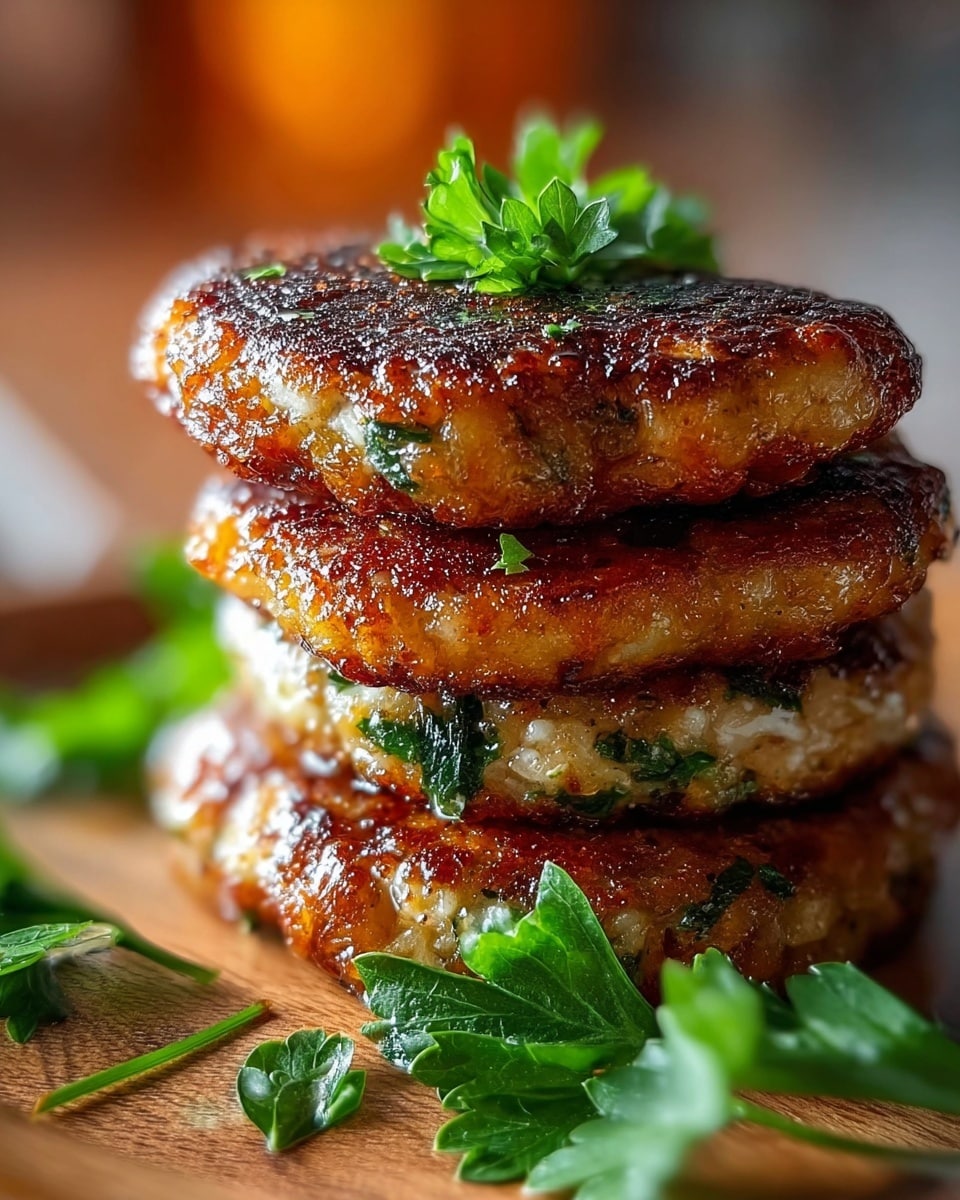 A close-up view of a stack of three golden brown patties with a slightly crispy texture, each showing bits of green herbs mixed inside. The stack sits on a wooden surface with some fresh green parsley scattered around and a small bunch of parsley leaves placed on top of the top patty. The background is softly blurred with warm tones, emphasizing the rich colors and texture of the patties. Photo taken with an iphone --ar 4:5 --v 7