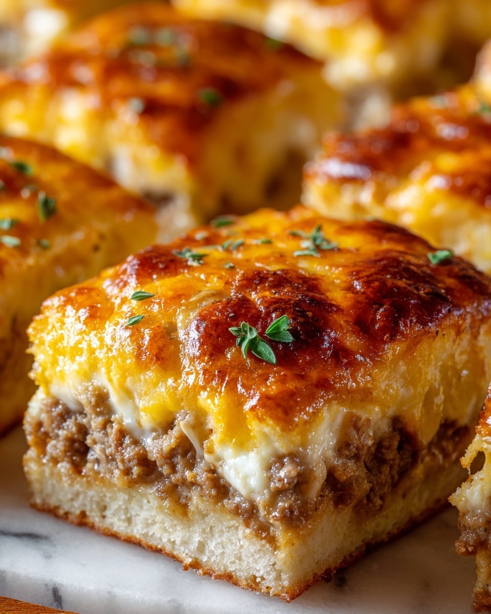 The image shows a close-up of a baked dish cut into square pieces, each with three distinct layers. The bottom layer is a light beige bread or dough base, soft and slightly thick. The middle layer contains cooked ground meat mixed with melted white cheese, appearing moist and rich. The top layer is covered with a golden-brown melted cheese crust that has a slightly crispy texture with some darker browned spots, sprinkled with small green herb leaves. The cut piece is displayed on a white marbled surface with other similar pieces blurred in the background, giving a warm and appetizing look. photo taken with an iphone --ar 4:5 --v 7