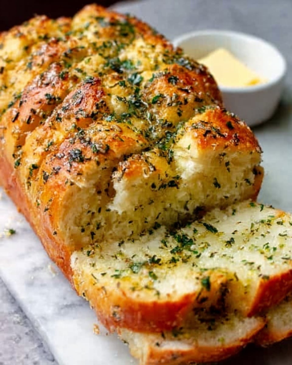 The image shows a loaf of golden brown garlic bread resting on a white marbled surface, sliced into thick pieces with soft, fluffy white bread inside. The crust is shiny and baked with oil, sprinkled generously with green herbs and bits of garlic. Behind the loaf, there is a small white dish with some butter. The bread looks fresh and warm, inviting to be taken by a woman's hand. Photo taken with an iphone --ar 4:5 --v 7