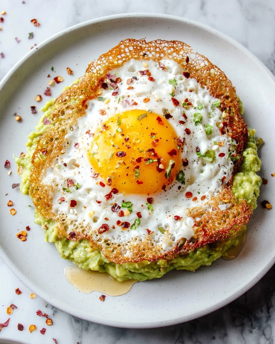 A white plate holds a simple two-layer dish starting with a base of mashed green avocado spread evenly. On top, there is a crispy, lace-edged fried egg with white edges browned and bubbly, and a bright yellow, slightly glossy yolk in the center. The egg is seasoned with red pepper flakes and small greenish herbs scattered over the surface, while a drizzle of golden oil adds shine and richness. The plate sits on a white marbled surface with small scattered red pepper flakes nearby. Photo taken with an iphone --ar 4:5 --v 7