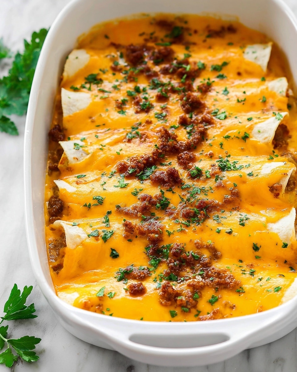 A white baking dish filled with four rolled up tortillas arranged in a single layer, covered generously with melted bright orange cheese sauce that looks smooth and creamy. On top, small pieces of cooked ground meat are scattered unevenly, adding a brown, slightly crispy texture. Fresh green parsley bits are sprinkled over the cheese and meat, adding spots of color contrast. The edges of the tortillas peek out slightly under the cheese, showing their light golden-brown color. The dish sits on a white marbled surface with some green parsley leaves nearby. Photo taken with an iphone --ar 4:5 --v 7