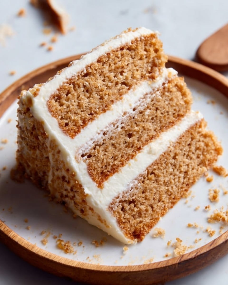 A slice of layered cake is shown on a round white plate. The cake has three light brown sponge layers separated by smooth white cream layers. The cream edges are gently spread and slightly uneven, giving a soft look. The top of the cake is also covered with a thin layer of cream. The plate sits on a white marbled surface with a few small crumbs scattered around. Photo taken with an iphone --ar 4:5 --v 7