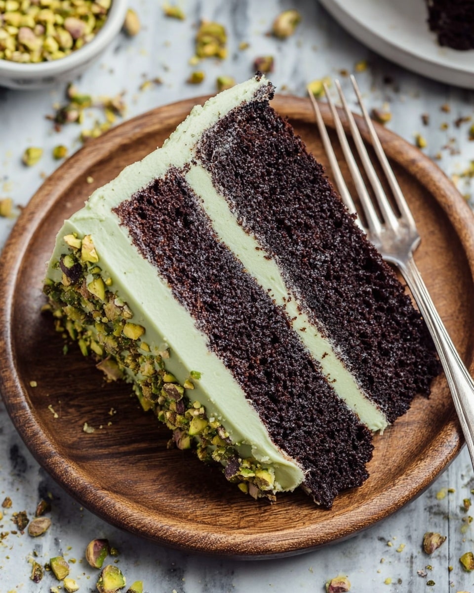 A slice of three-layer chocolate cake with dark brown, moist cake layers separated by two thick light green frosting layers. The frosting covers the entire cake slice, with crushed pistachios sprinkled on top and around the edges. The cake is placed on a round white wooden plate with a silver fork resting beside it. The background is a white marbled texture scattered with more pistachio pieces. Photo taken with an iphone --ar 4:5 --v 7