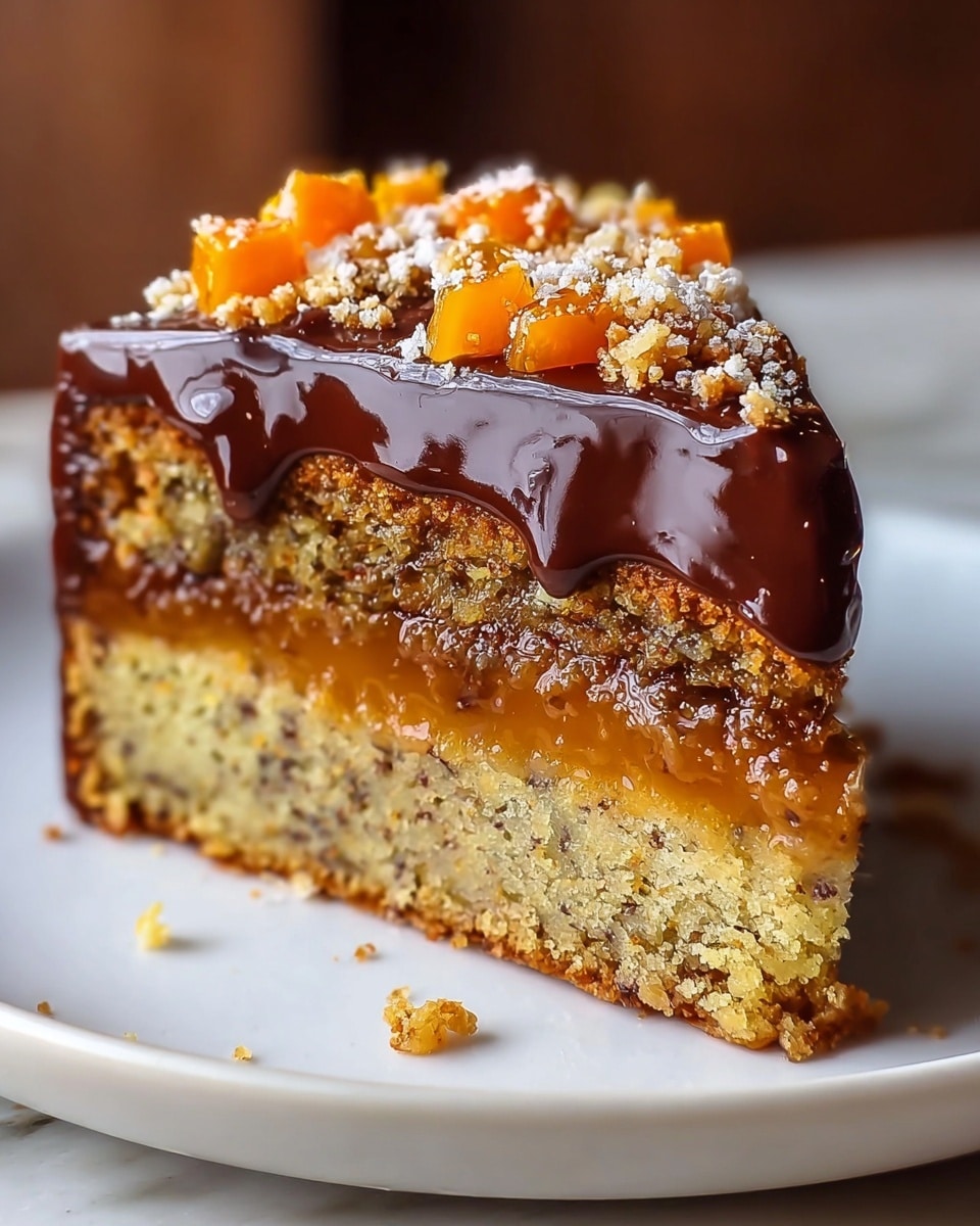 A slice of cake on a white plate with a white marbled texture background shows three clear layers: the bottom layer is thick and light brown with a smooth texture, the middle layer is a moist, speckled golden-brown cake, and the top layer is a shiny, dark chocolate glaze that drips slightly down the sides. The cake is topped with small orange chunks and some crumbly bits dusted lightly with powdered sugar, adding a textured and colorful contrast to the smooth chocolate. Photo taken with an iphone --ar 4:5 --v 7