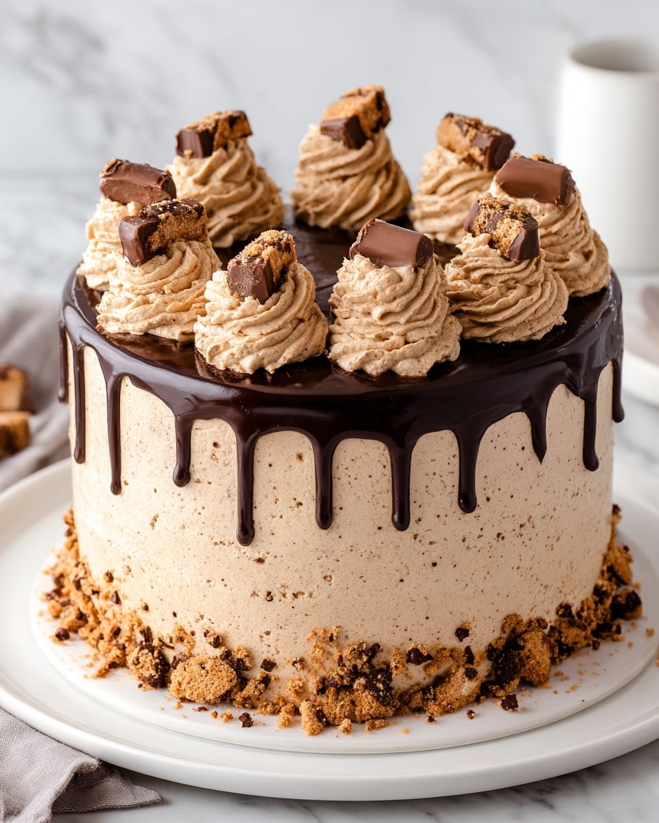 The image shows a round cake with four visible layers covered in light brown frosting that appears creamy with small chocolate bits mixed in. The top of the cake is coated with a thick, glossy dark chocolate ganache that drips slowly down the sides. On top of the ganache, there are eight swirled dollops of the same light brown frosting evenly spaced around the edge, each topped with a small piece of chocolate candy, some broken to reveal a soft inside. Crushed candy pieces are sprinkled over the ganache and the base of the cake, all set on a white plate against a white marbled surface. Photo taken with an iphone --ar 4:5 --v 7