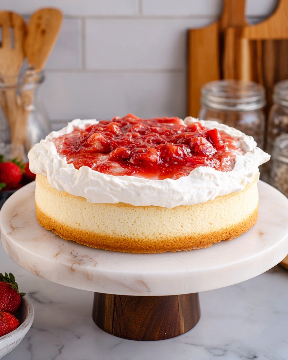 The image shows a single-layer round cake with a light golden brown color at the bottom. On top of the cake, there is a thick layer of white whipped cream spread evenly but piled slightly higher around the edges. The cream layer is topped with a glossy, chunky red strawberry sauce filling the center, creating a vibrant contrast. The cake sits on a white marble cake stand with a wooden base, all placed on a white marbled surface. In the background, there are kitchen items including a wooden cutting board, glass jars with utensils, and a bowl of strawberries. photo taken with an iphone --ar 4:5 --v 7