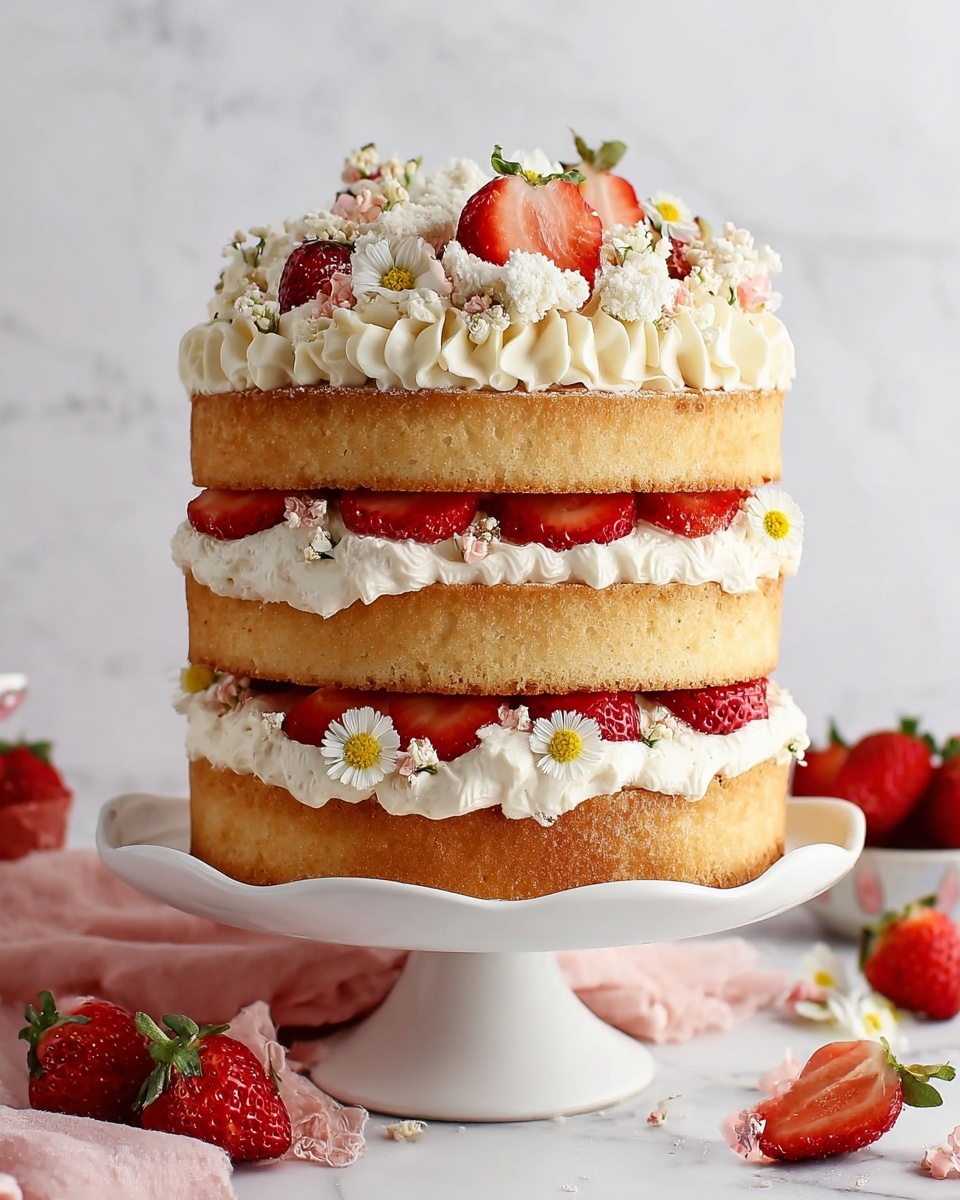 A three-layer cake stands on a white cake stand with curved edges. Each cake layer is golden brown with a smooth texture. Between the layers, there is a thick layer of white whipped cream, piped in neat swirls, with fresh red strawberry slices placed evenly on top. Small white and yellow edible flowers are scattered among the strawberries and cream on each layer. The top layer is decorated with more whipped cream swirls, strawberry slices, edible flowers, and small white crumb-like pieces. The background is a white marbled surface with a soft pink cloth and extra strawberries around. Photo taken with an iphone --ar 4:5 --v 7