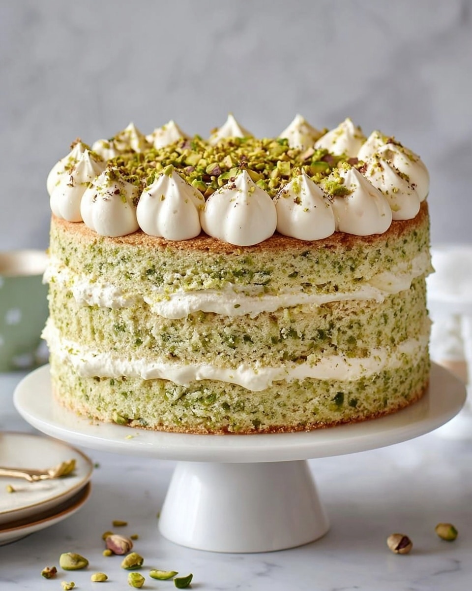 A two-layer round cake with green specks inside each layer showing a pistachio texture, separated by thick white cream dollops. The top layer is decorated with larger dollops of the same white cream around the edge and a generous sprinkle of chopped pistachios covering the center. The cake sits on a white pedestal cake stand against a white marbled background, with some loose pistachio pieces scattered around the base. Photo taken with an iphone --ar 4:5 --v 7