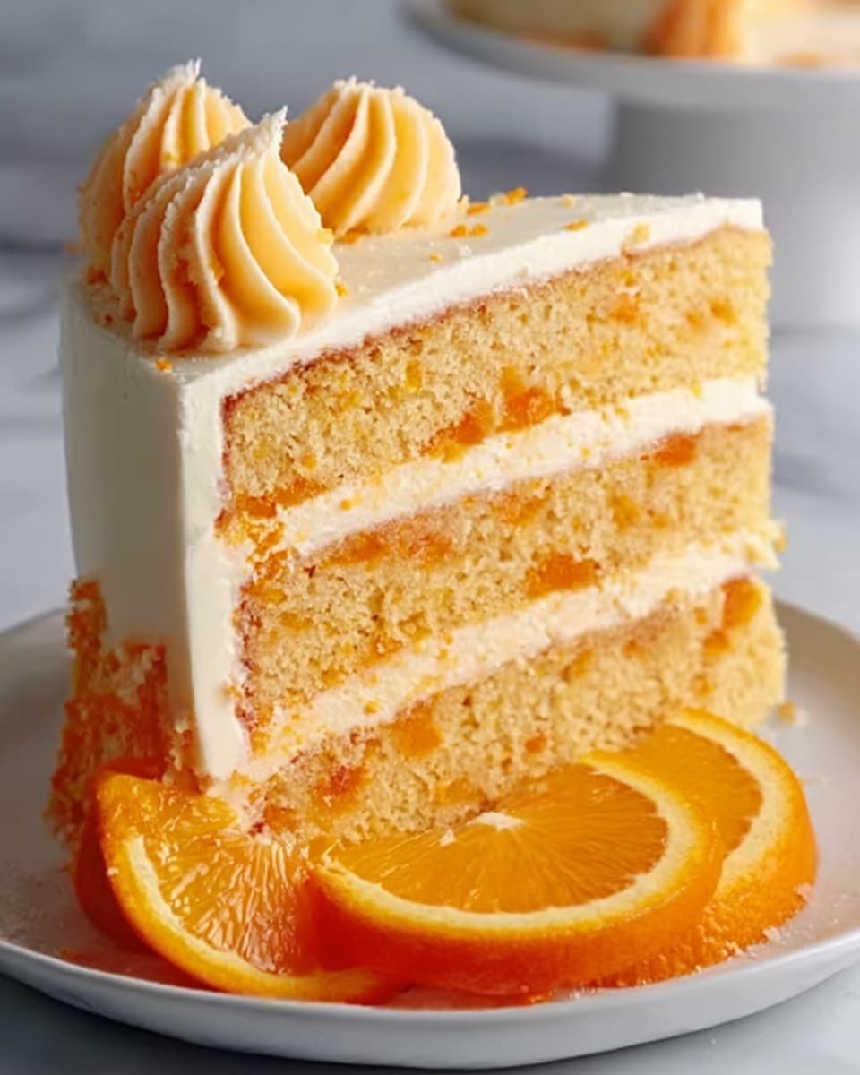 A slice of three-layer orange cake is shown on a white plate, placed on a white marbled surface. Each cake layer is moist and orange-colored with small orange bits inside, separated by creamy white frosting. The outside of the cake is smooth, covered evenly with the same white frosting. On top, there are three small dollops of orange cream for decoration, slightly swirled. Next to the cake slice, two fresh orange slices rest on the plate, adding a bright pop of color. Photo taken with an iphone --ar 4:5 --v 7