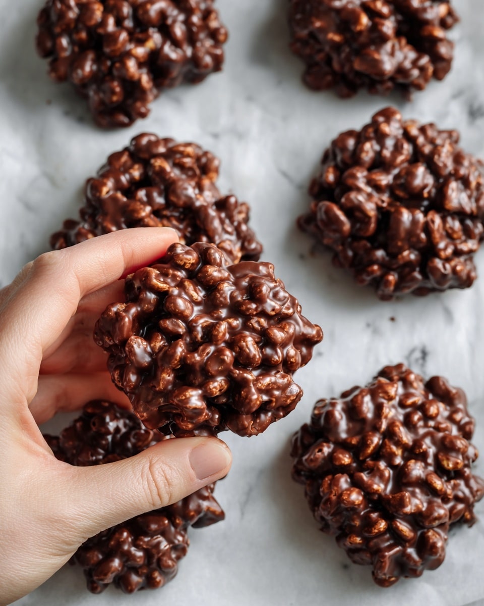 The image displays several homemade chocolate clusters arranged on a white marbled surface lined with parchment paper. Each cluster is roughly round and chunky with a glossy dark brown chocolate coating enveloping puffed cereal pieces, creating a bumpy texture. One cluster is held between the fingers of a woman's hand in the foreground, showing its thickness and the glossy shine of the chocolate. The clusters have a rich, uneven surface with visible cereal crisps embedded throughout, giving a textured and inviting look. photo taken with an iphone --ar 4:5 --v 7