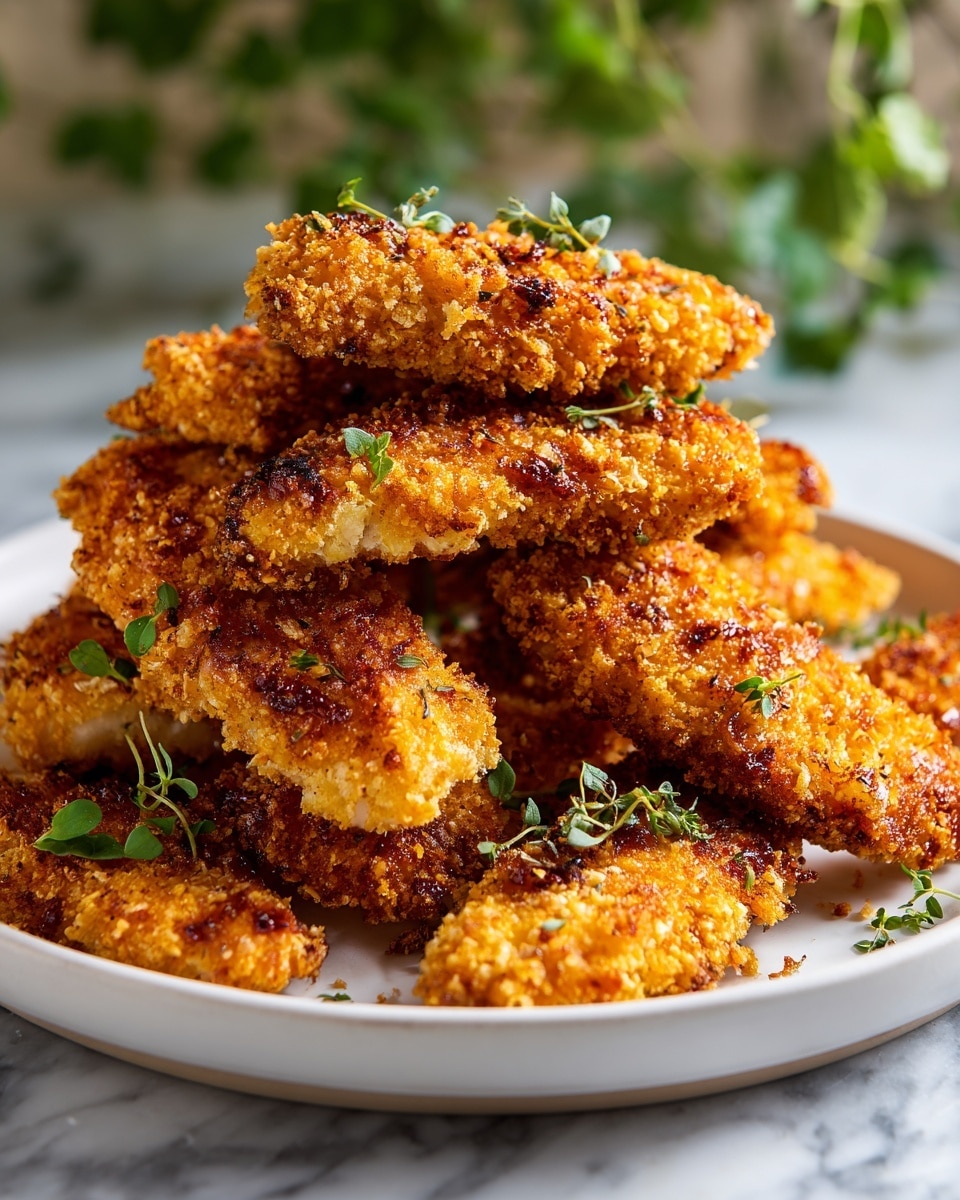 A white plate holds a stack of crispy, golden-brown breaded chicken tenders, arranged in three visible layers, with crunchy texture that shows fine breadcrumbs and small browned spots. The chicken pieces are garnished with small green herb leaves scattered on top and around the plate. The plate is set on a white marbled surface with some blurred green herbs in the background. Photo taken with an iphone --ar 4:5 --v 7