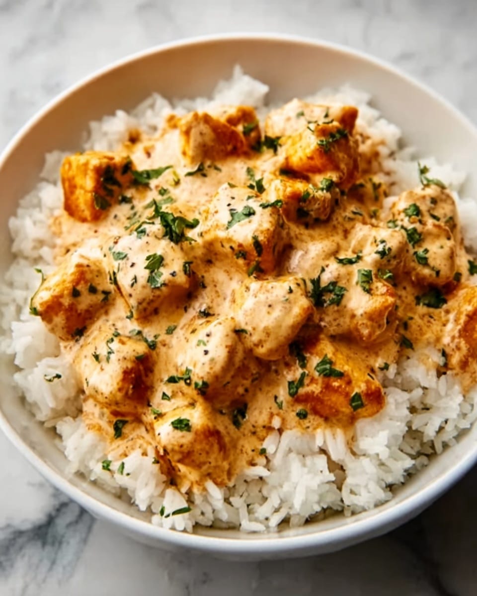 A white bowl filled with a layer of white rice at the bottom, topped with multiple chunks of golden-brown cooked chicken covered in a thick, creamy light orange sauce. Small green herb pieces are sprinkled over the sauce, adding freshness and color contrast. The bowl rests on a white marbled texture surface. Photo taken with an iphone --ar 4:5 --v 7